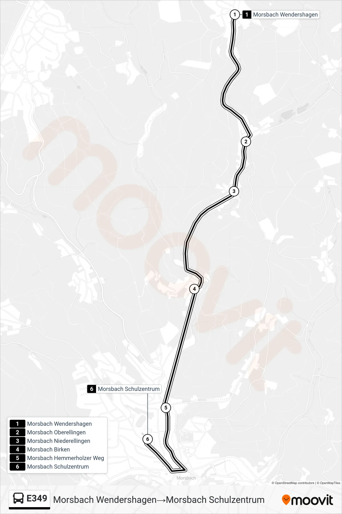 Linie E349 (Bus) Richtung Morsbach Wendershagen→Morsbach Schulzentrum: Route und Haltestellen auf der Karte