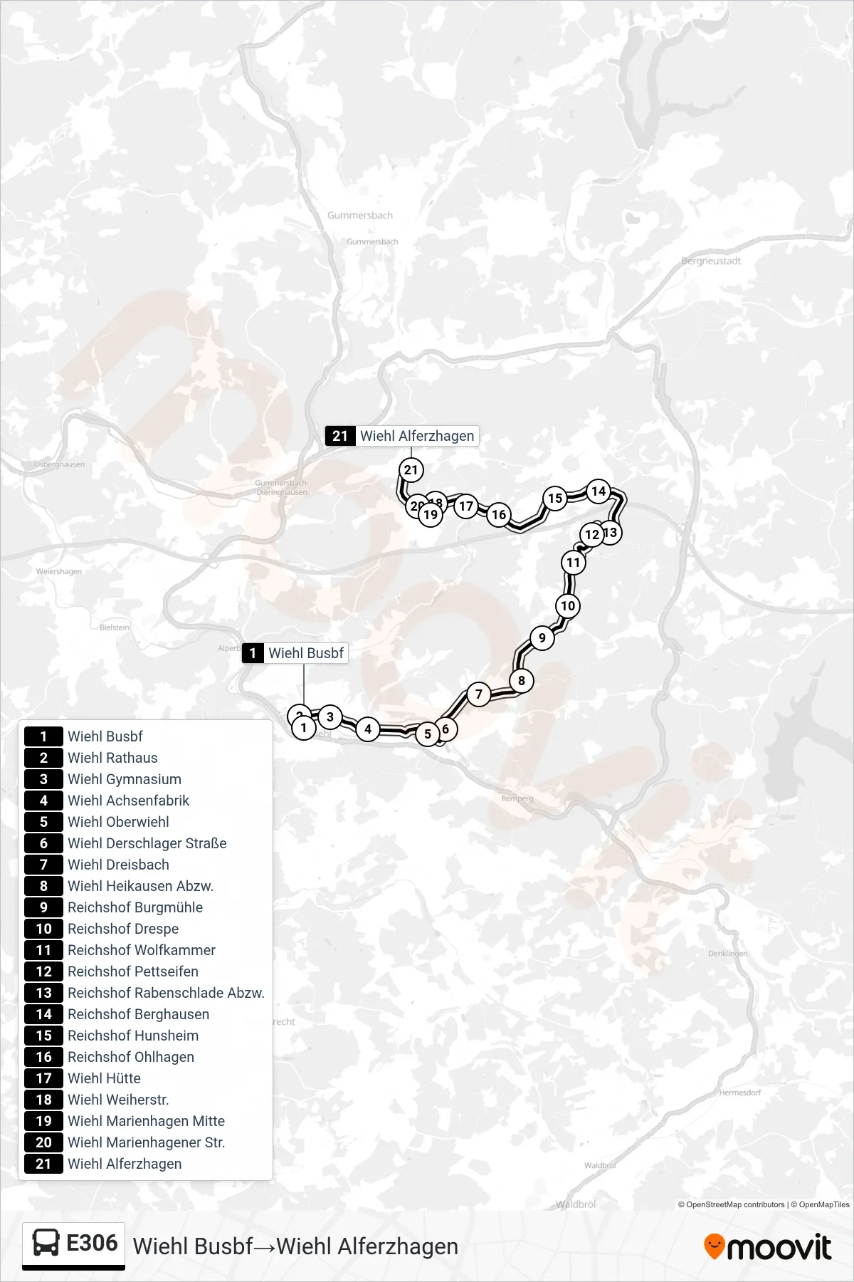 Linie E306 (Bus) Richtung Wiehl Busbf→Wiehl Alferzhagen: Route und Haltestellen auf der Karte