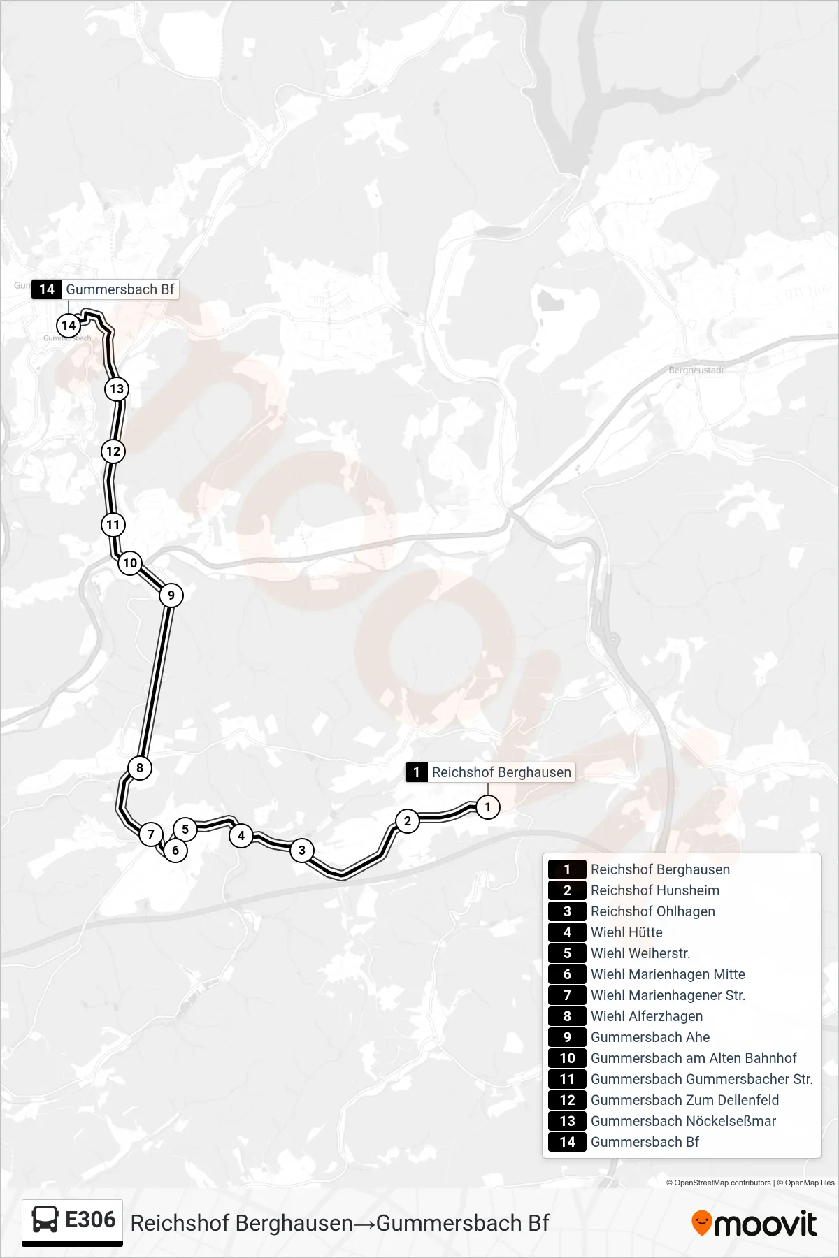 Linie E306 (Bus) Richtung Reichshof Berghausen→Gummersbach Bf: Route und Haltestellen auf der Karte
