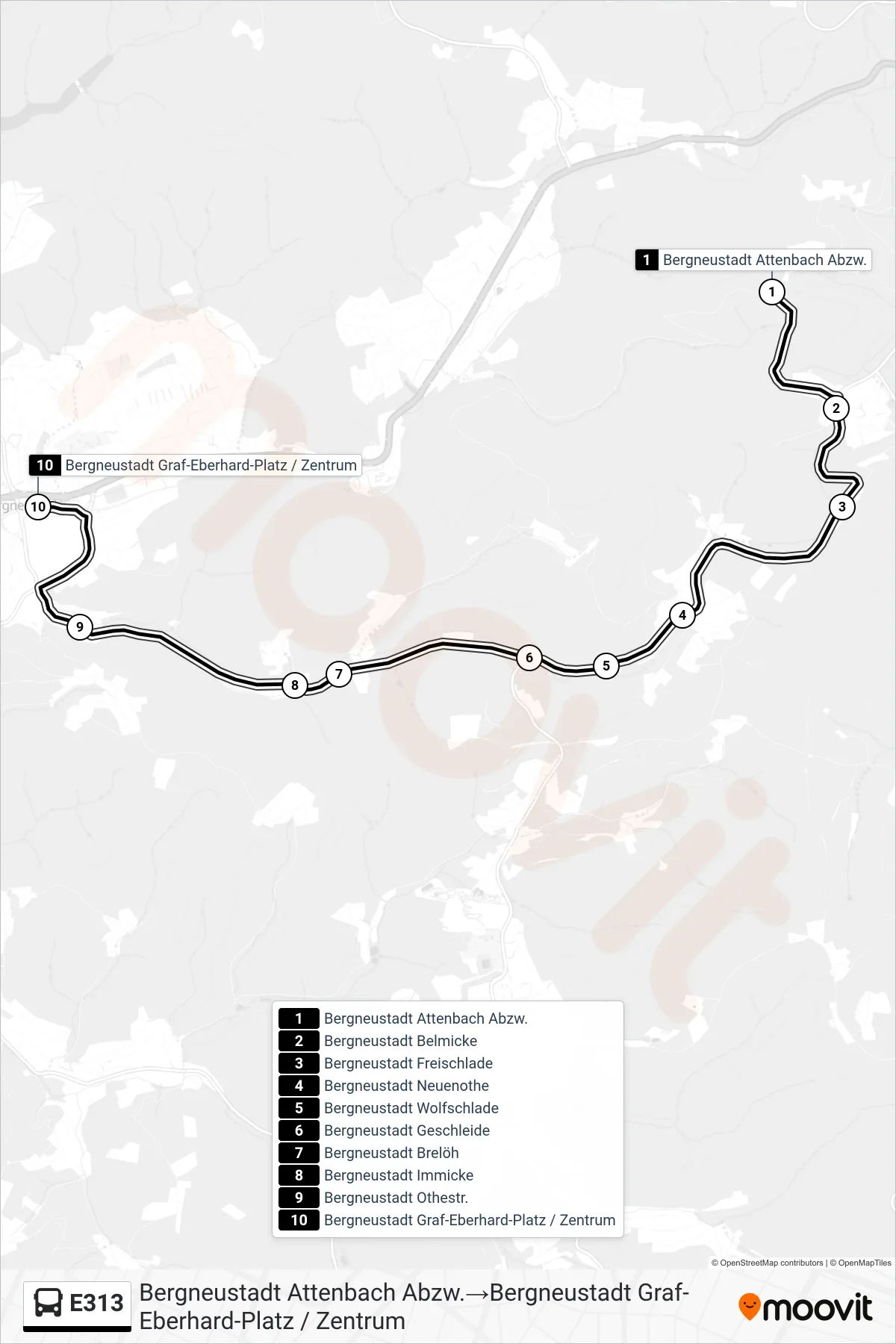 Linie E313 (Bus) Richtung Bergneustadt Attenbach Abzw.→Bergneustadt Graf-Eberhard-Platz / Zentrum: Route und Haltestellen auf der Karte