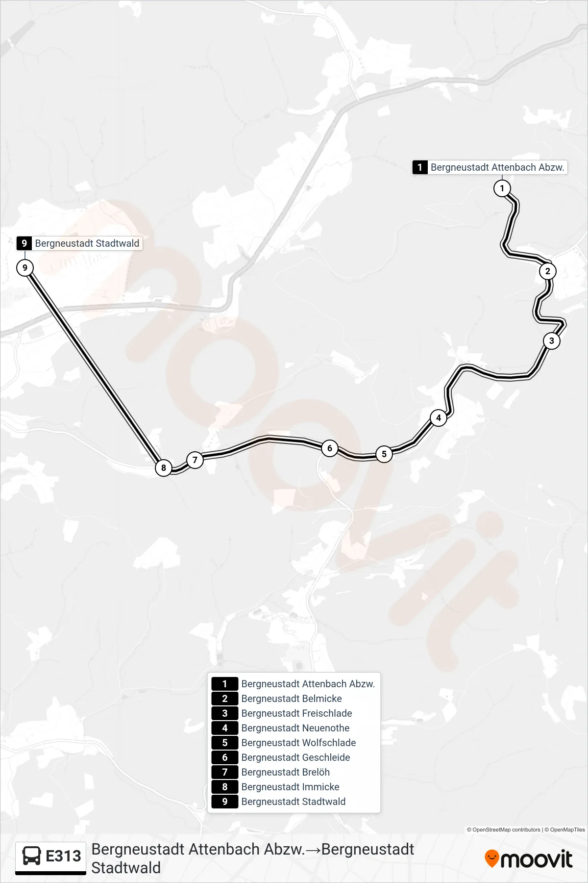 Linie E313 (Bus) Richtung Bergneustadt Attenbach Abzw.→Bergneustadt Stadtwald: Route und Haltestellen auf der Karte