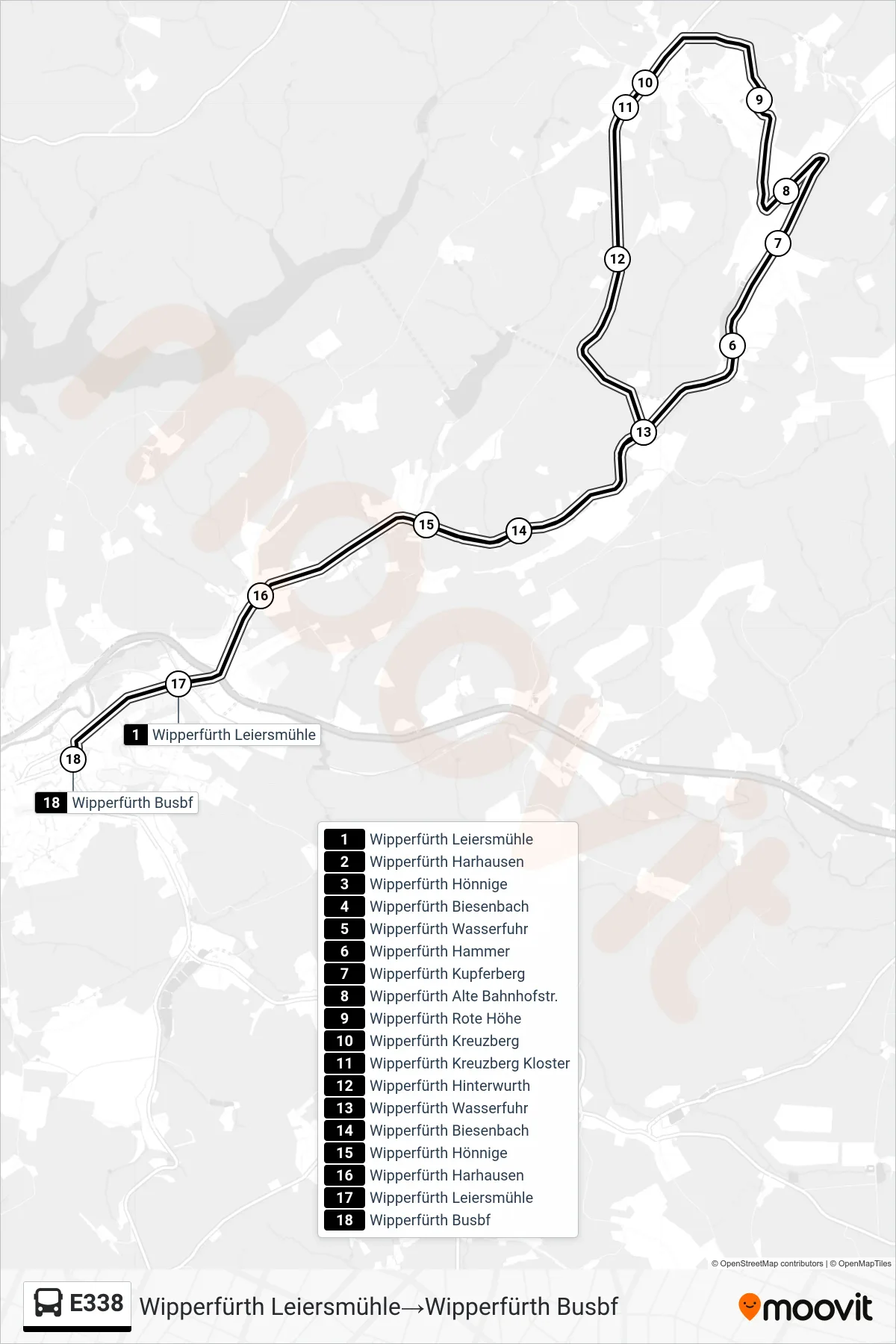 Linie E338 (Bus) Richtung Wipperfürth Leiersmühle→Wipperfürth Busbf: Route und Haltestellen auf der Karte