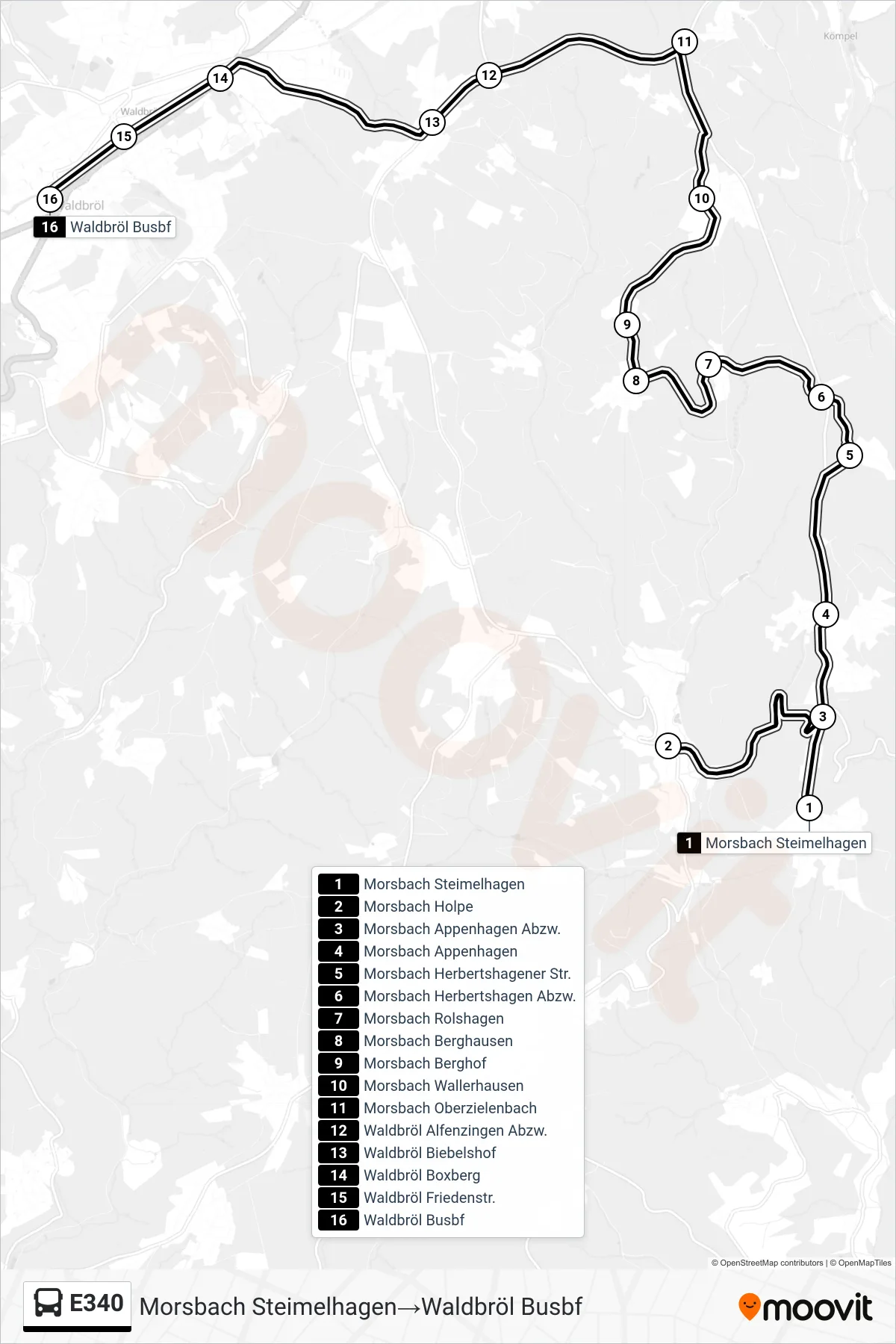 Linie E340 (Bus) Richtung Morsbach Steimelhagen→Waldbröl Busbf: Route und Haltestellen auf der Karte