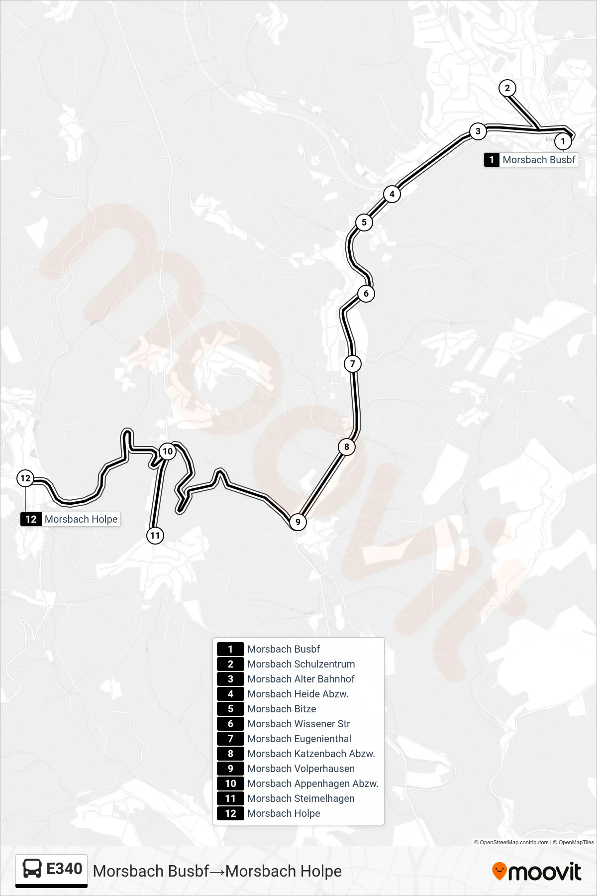 Linie E340 (Bus) Richtung Morsbach Busbf→Morsbach Holpe: Route und Haltestellen auf der Karte