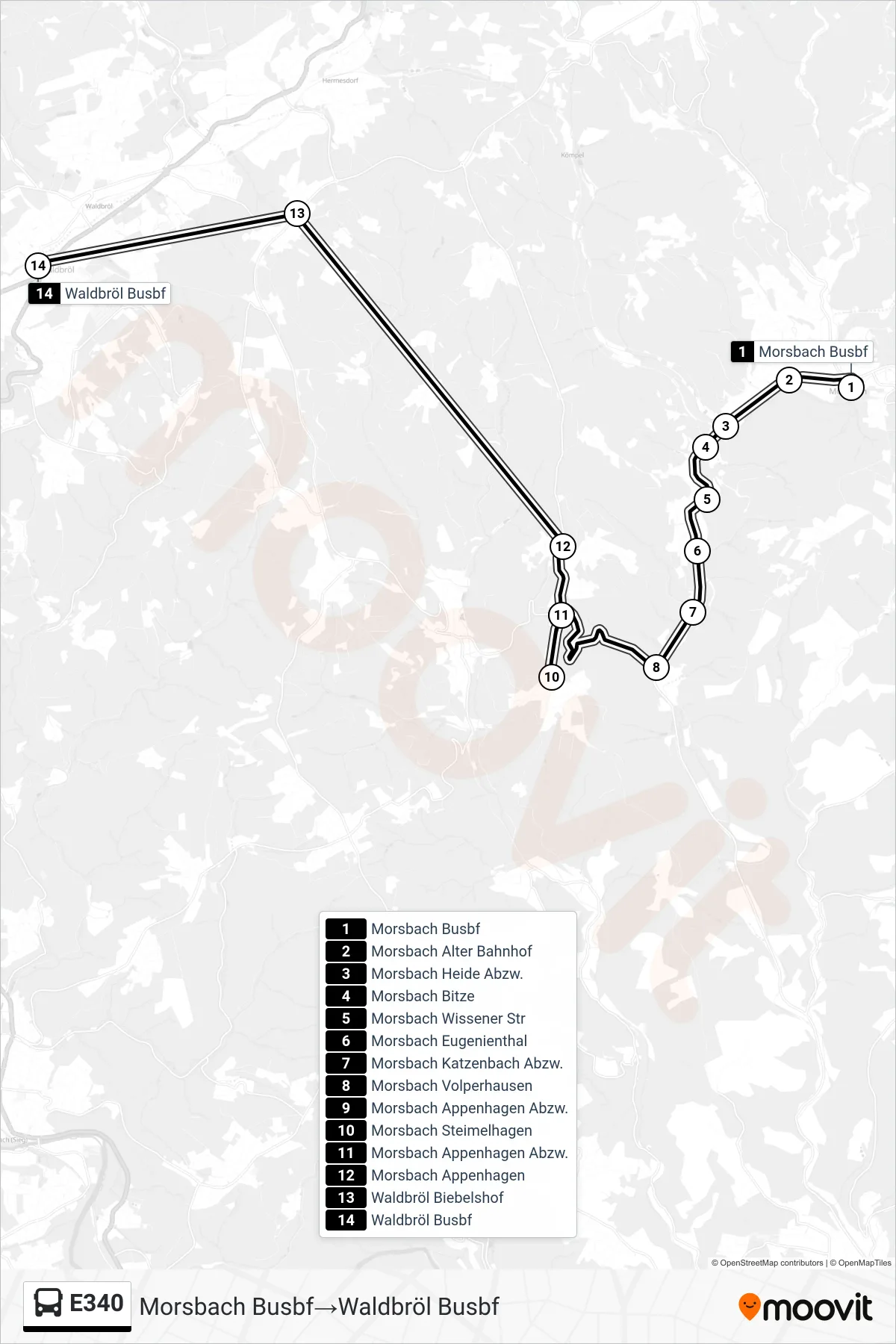 Linie E340 (Bus) Richtung Morsbach Busbf→Waldbröl Busbf: Route und Haltestellen auf der Karte