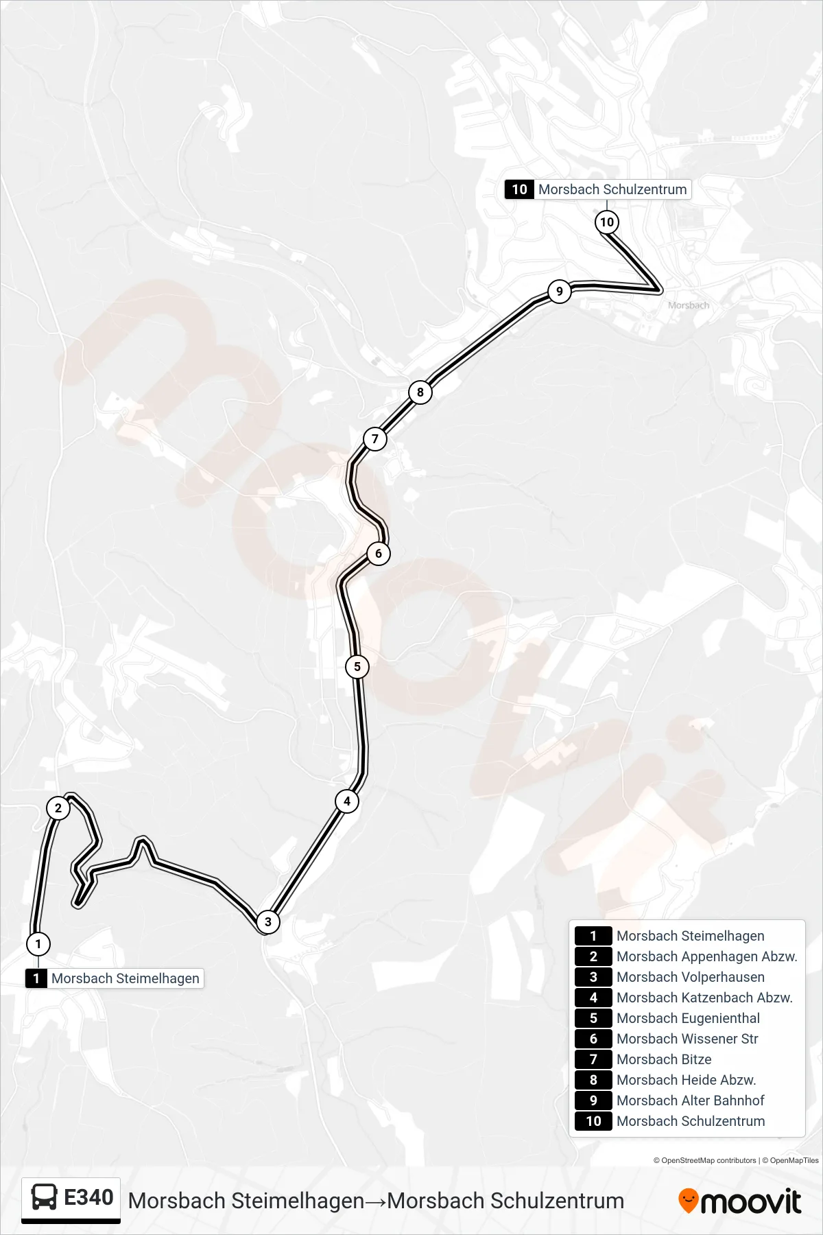 Linie E340 (Bus) Richtung Morsbach Steimelhagen→Morsbach Schulzentrum: Route und Haltestellen auf der Karte