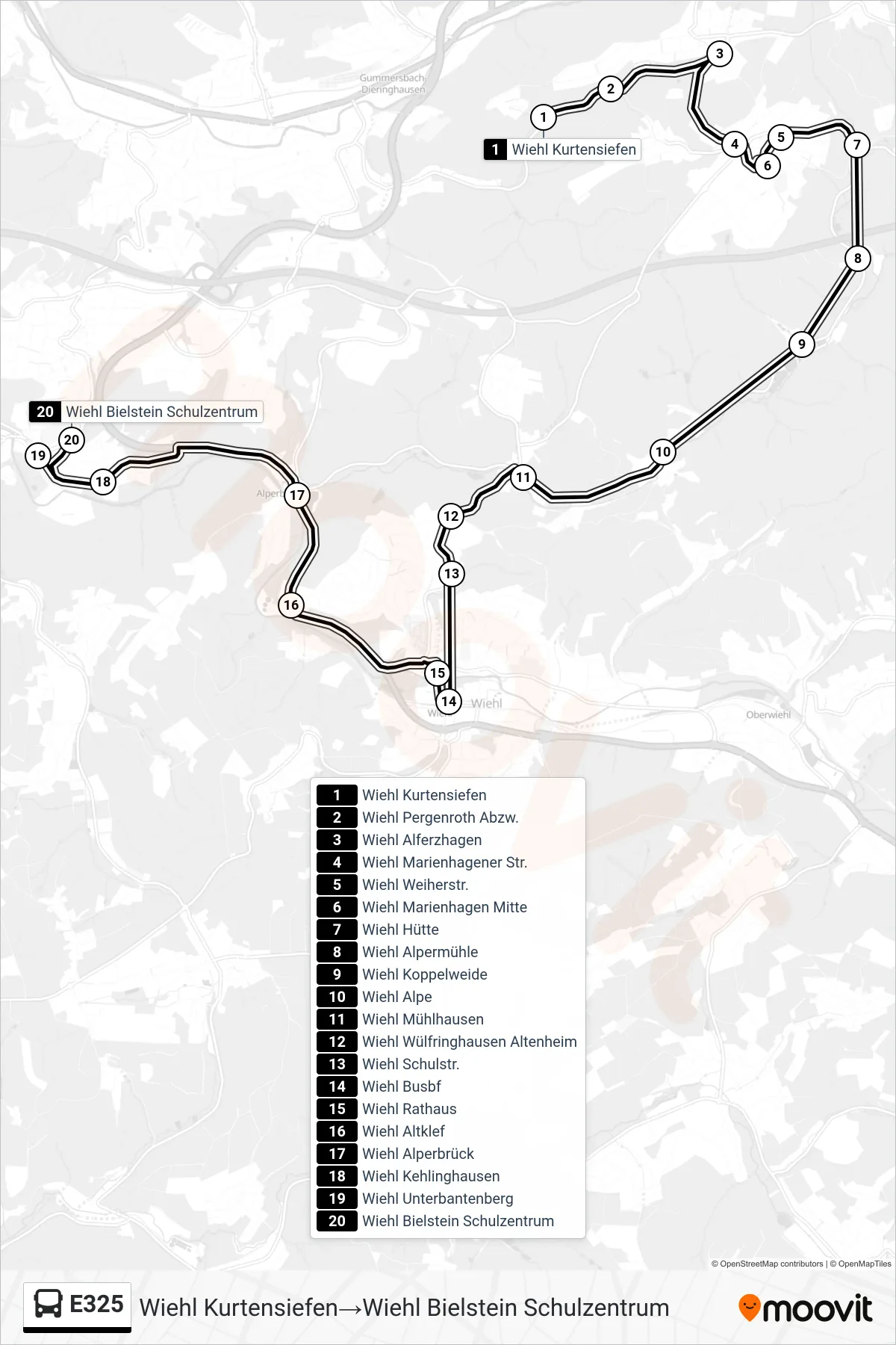 Linie E325 (Bus) Richtung Wiehl Kurtensiefen→Wiehl Bielstein Schulzentrum: Route und Haltestellen auf der Karte