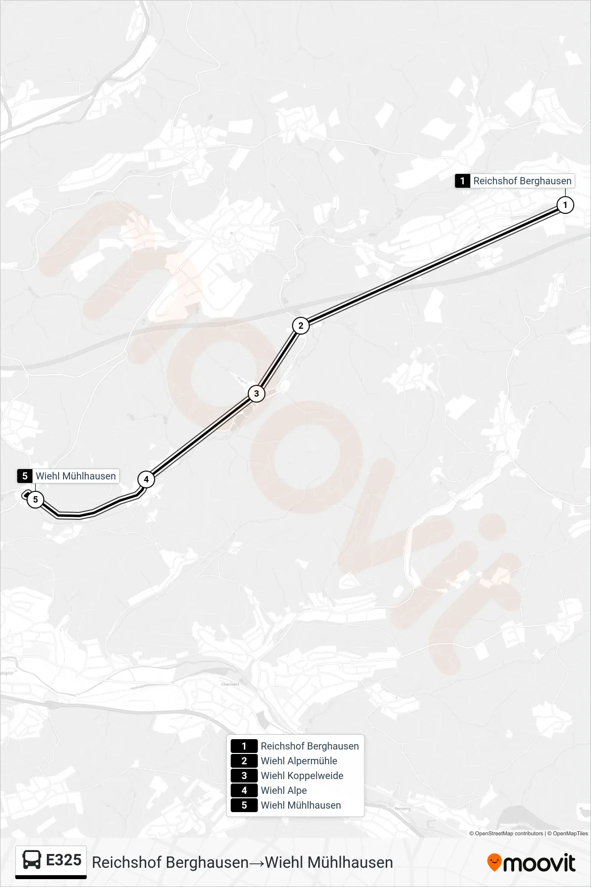 E325 bus Line (Reichshof Berghausen→Wiehl Mühlhausen) route and stops on a map