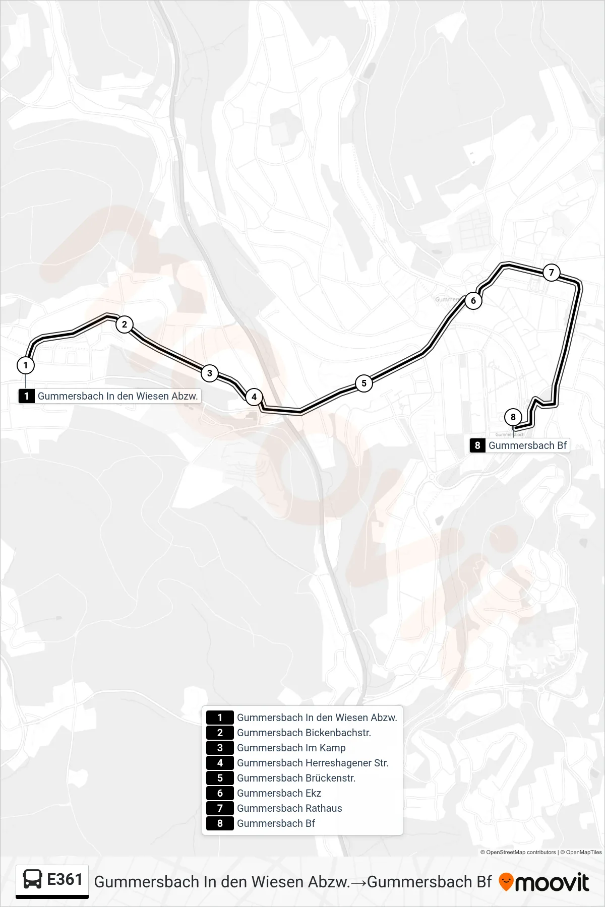 Linie E361 (Bus) Richtung Gummersbach In den Wiesen Abzw.→Gummersbach Bf: Route und Haltestellen auf der Karte