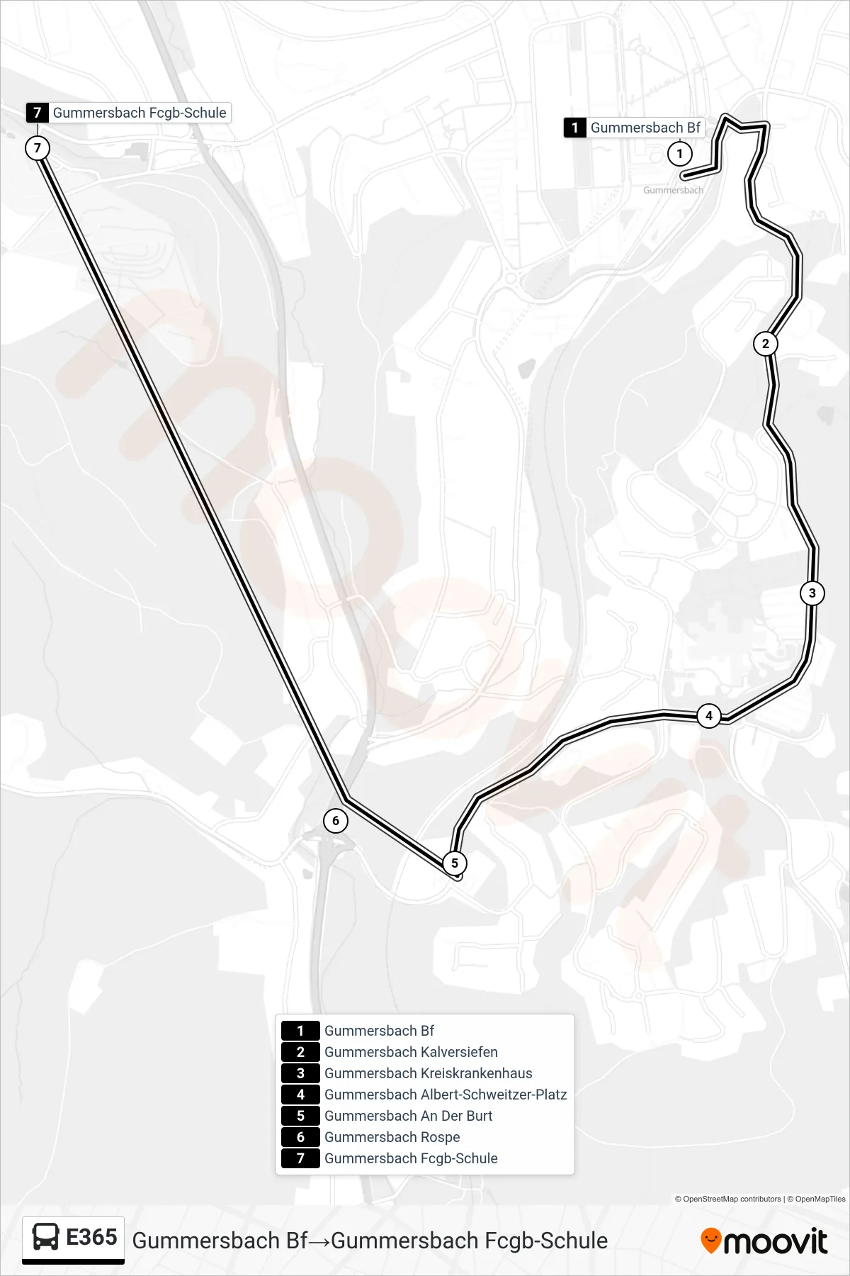 Linie E365 (Bus) Richtung Gummersbach Bf→Gummersbach Fcgb-Schule: Route und Haltestellen auf der Karte
