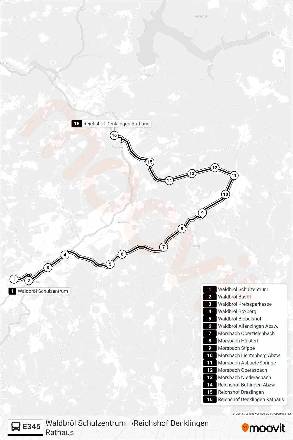 Linie E345 (Bus) Richtung Waldbröl Schulzentrum→Reichshof Denklingen Rathaus: Route und Haltestellen auf der Karte