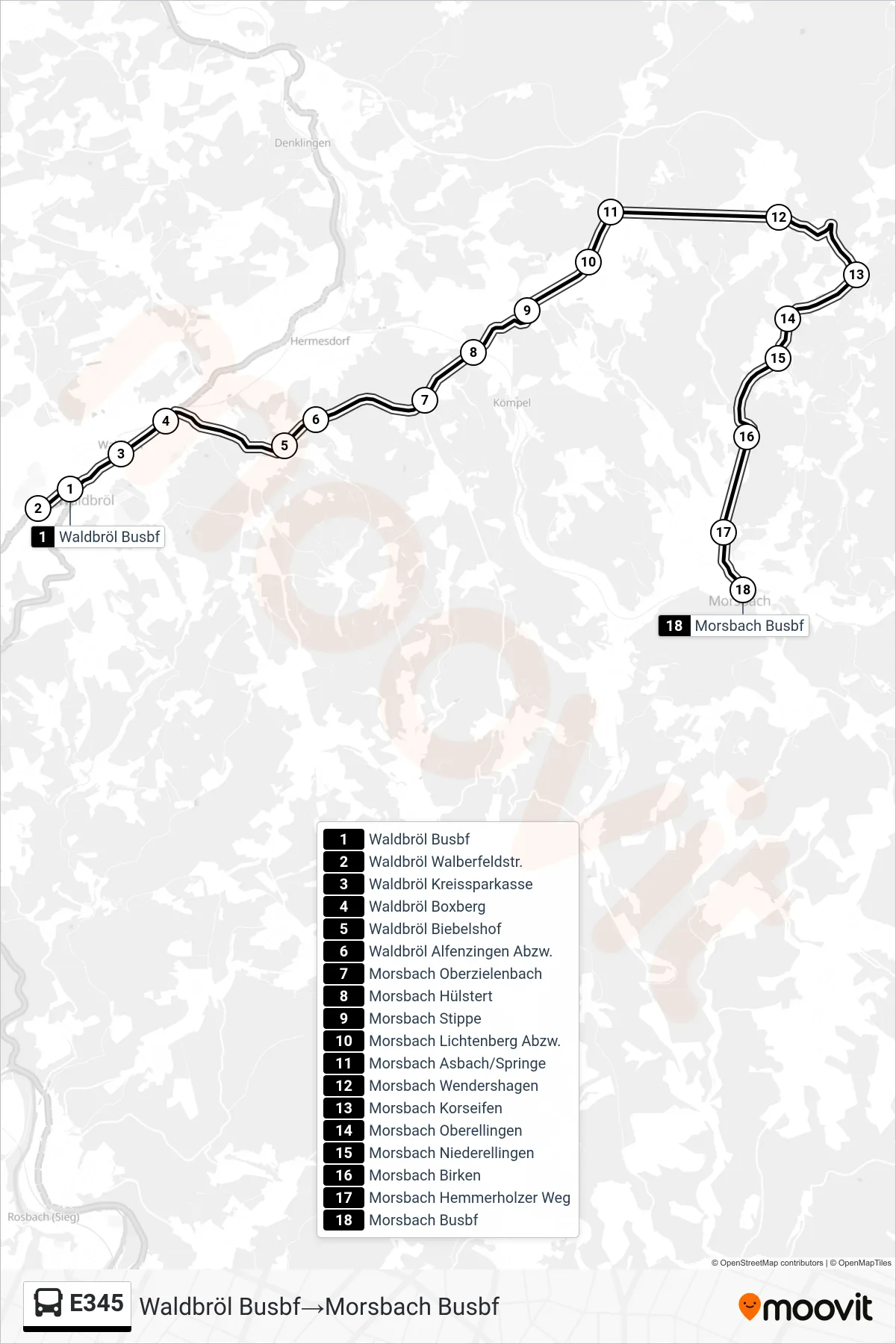 Linie E345 (Bus) Richtung Waldbröl Busbf→Morsbach Busbf: Route und Haltestellen auf der Karte