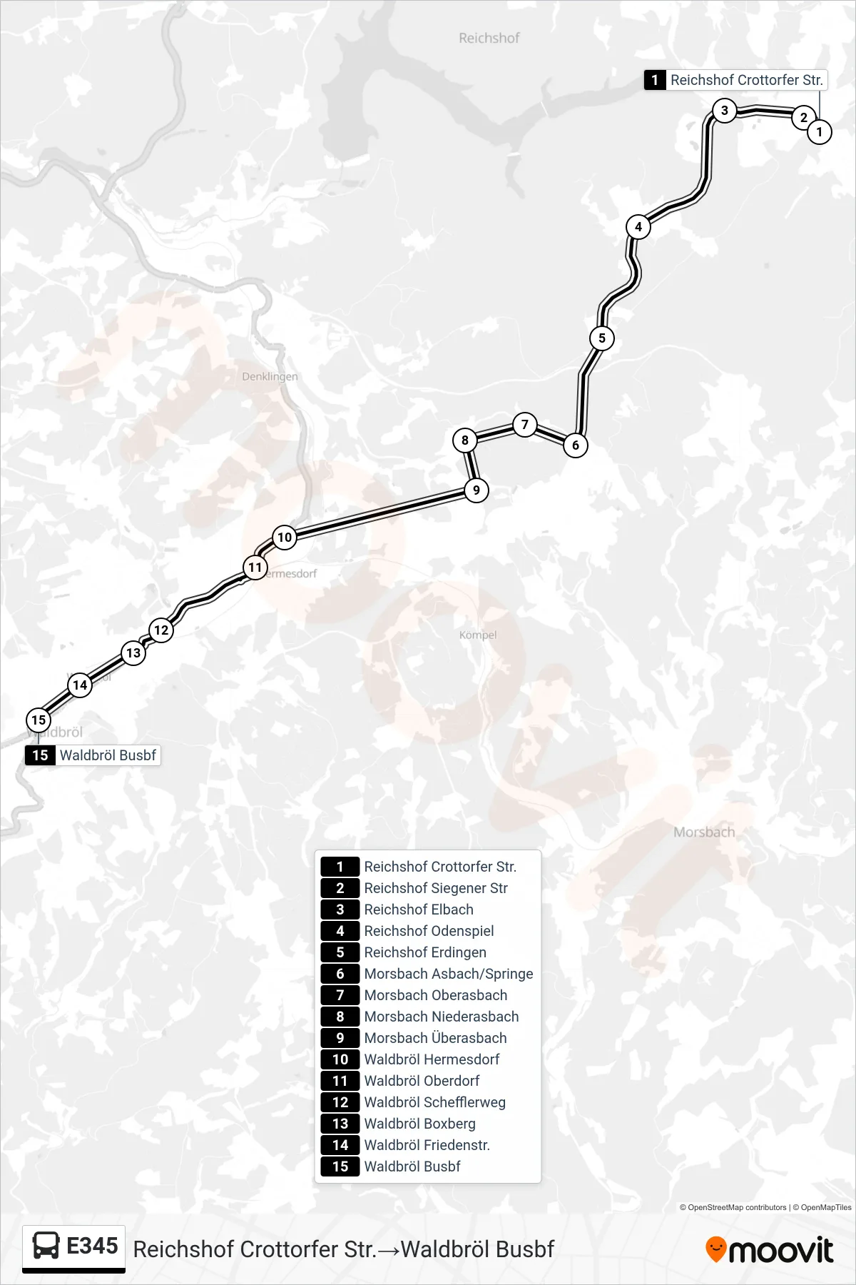 Linie E345 (Bus) Richtung Reichshof Crottorfer Str.→Waldbröl Busbf: Route und Haltestellen auf der Karte