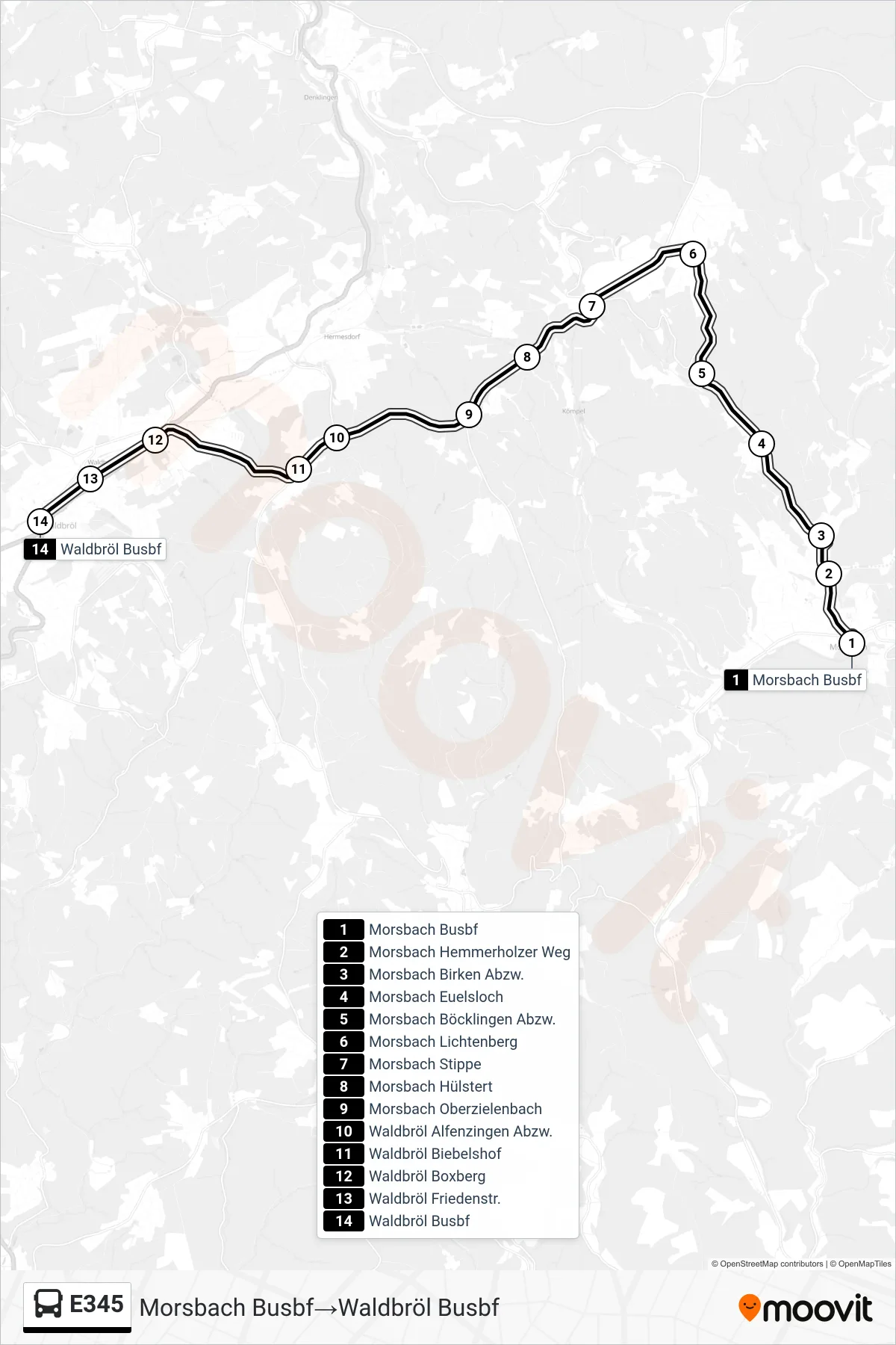Linie E345 (Bus) Richtung Morsbach Busbf→Waldbröl Busbf: Route und Haltestellen auf der Karte