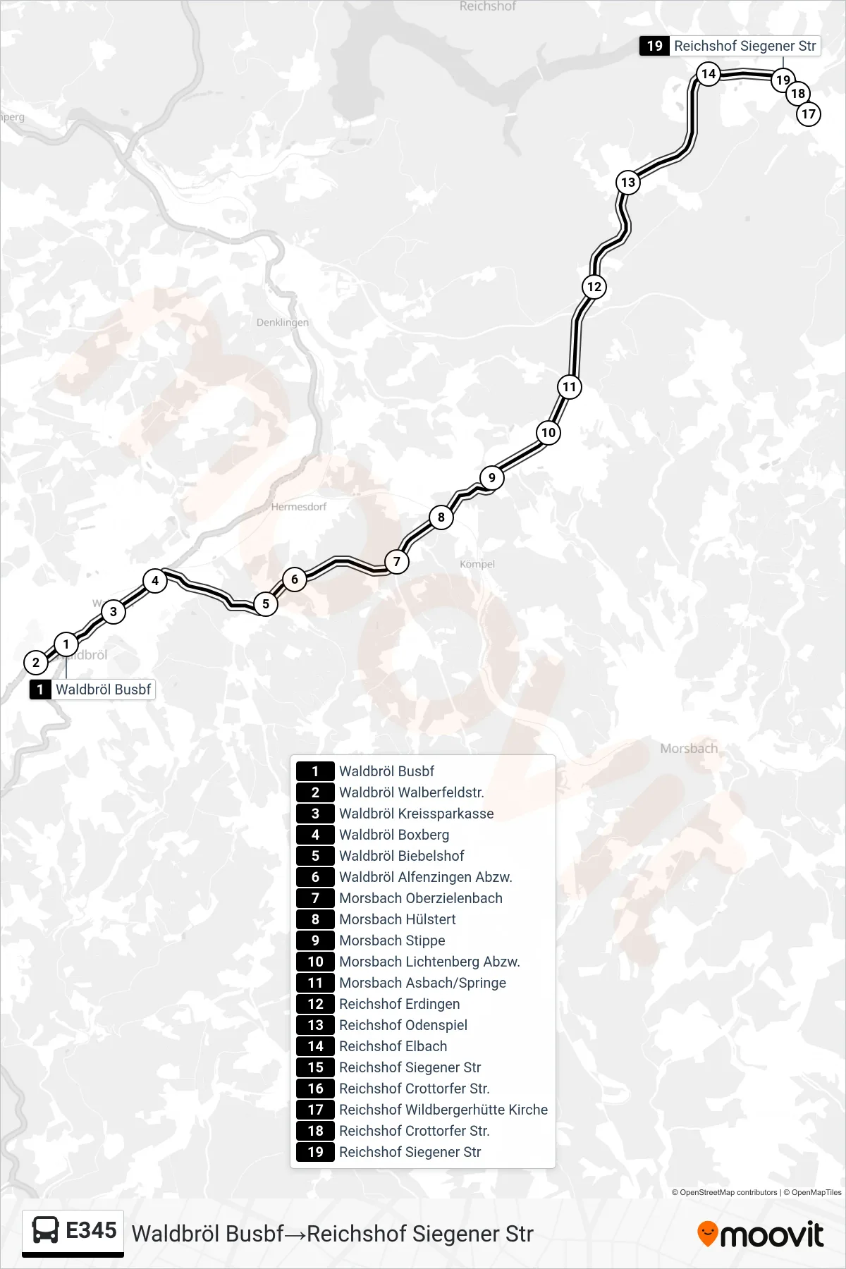 Linie E345 (Bus) Richtung Waldbröl Busbf→Reichshof Siegener Str: Route und Haltestellen auf der Karte