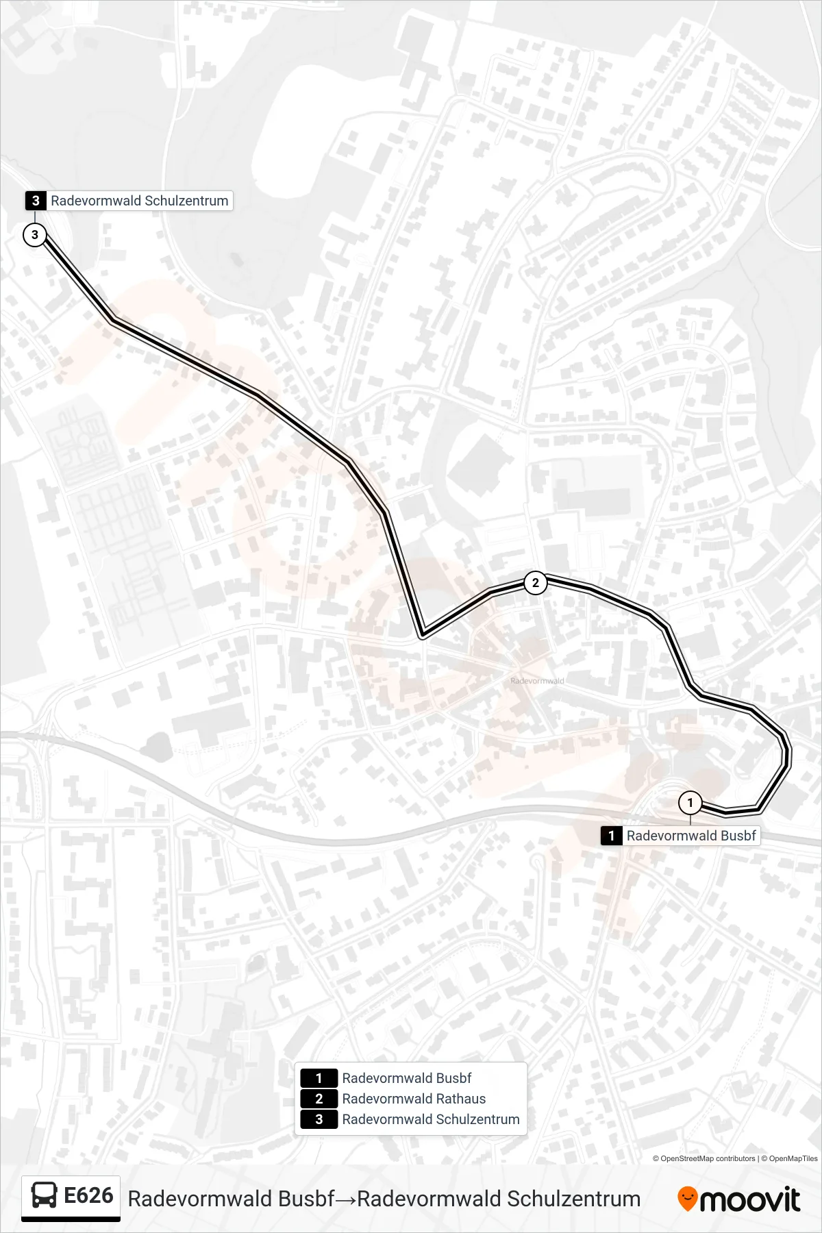 Linie E626 (Bus) Richtung Radevormwald Busbf→Radevormwald Schulzentrum: Route und Haltestellen auf der Karte