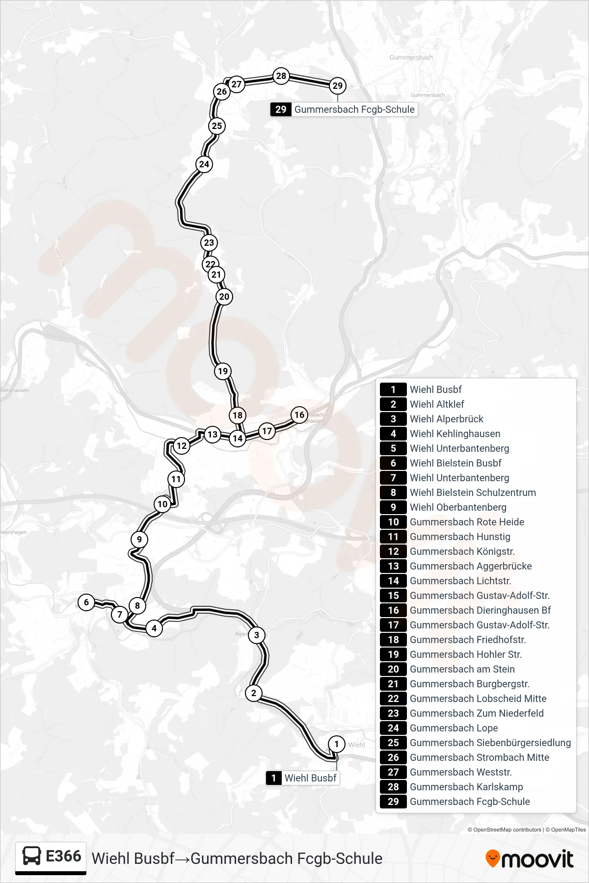 Linie E366 (Bus) Richtung Wiehl Busbf→Gummersbach Fcgb-Schule: Route und Haltestellen auf der Karte