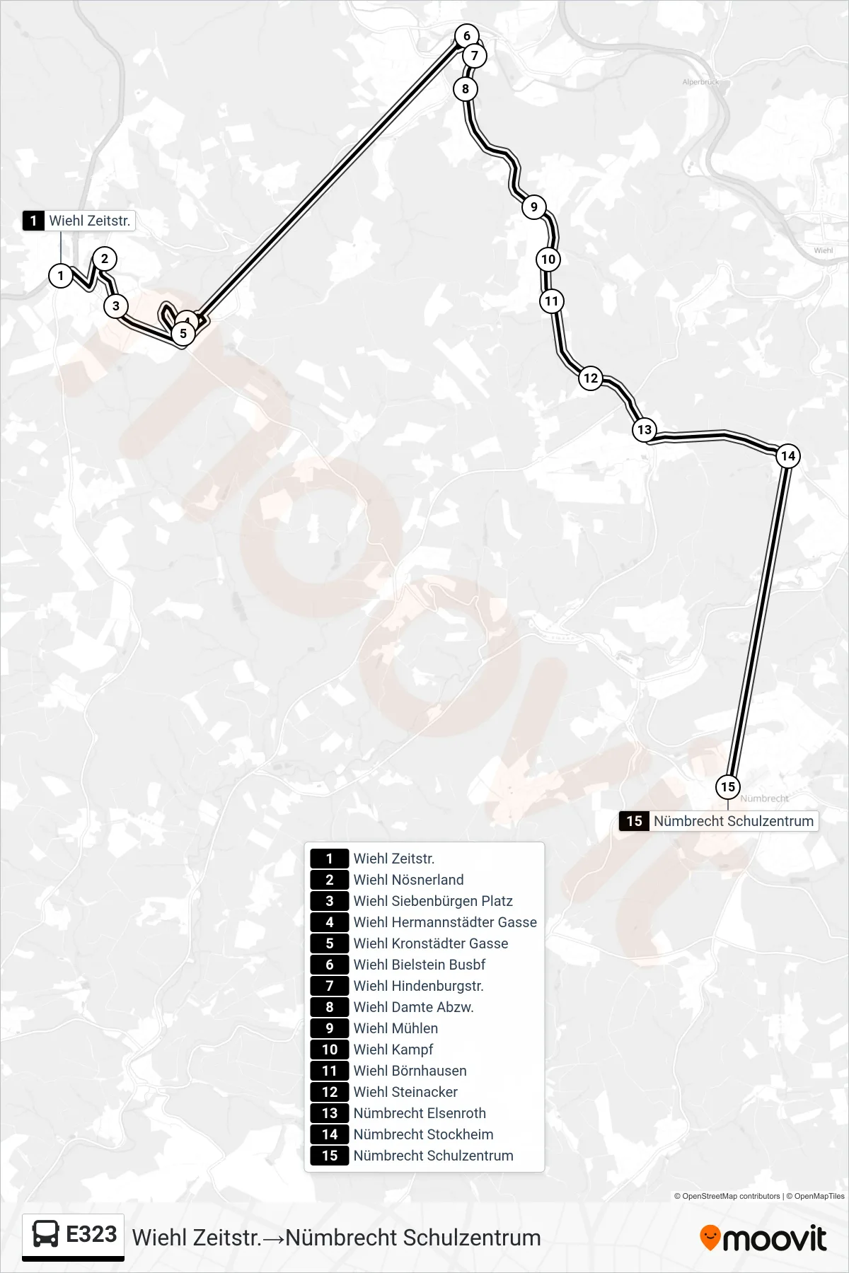 Linie E323 (Bus) Richtung Wiehl Zeitstr.→Nümbrecht Schulzentrum: Route und Haltestellen auf der Karte