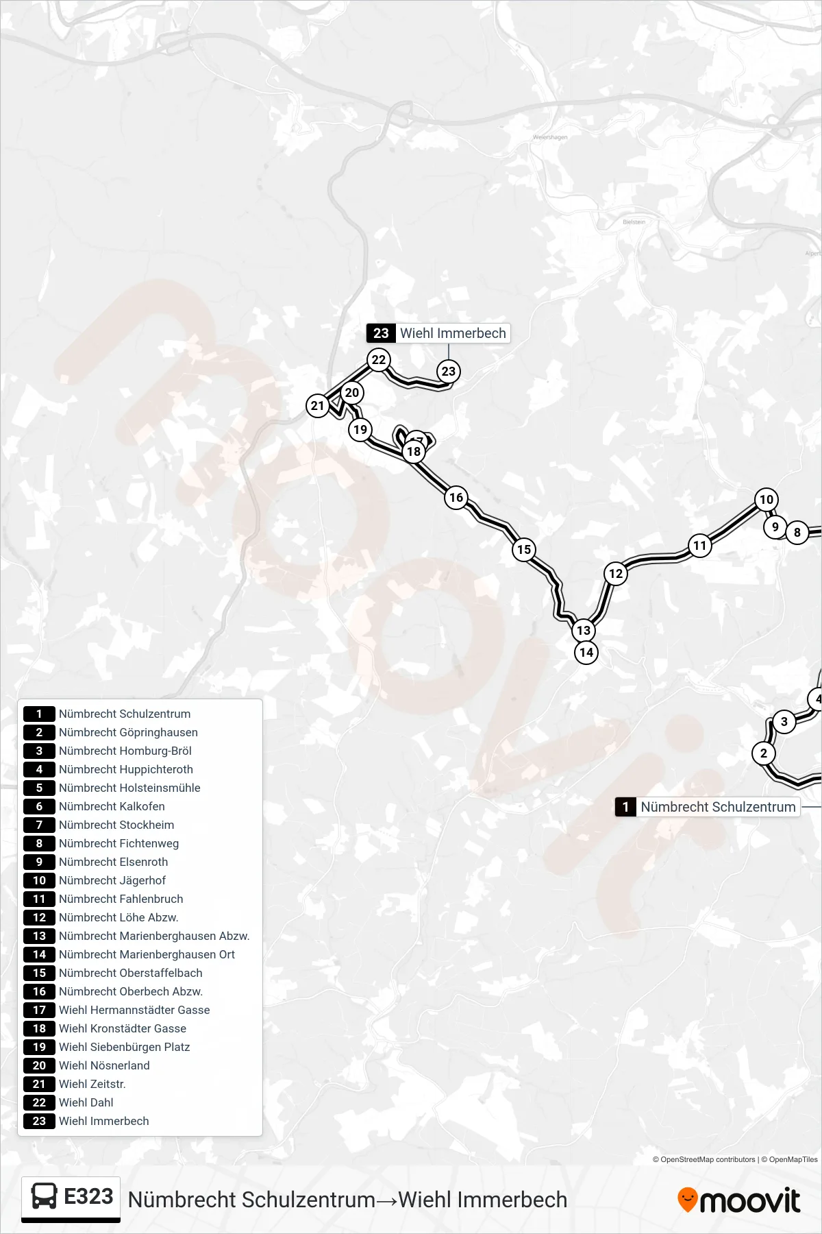 Linie E323 (Bus) Richtung Nümbrecht Schulzentrum→Wiehl Immerbech: Route und Haltestellen auf der Karte