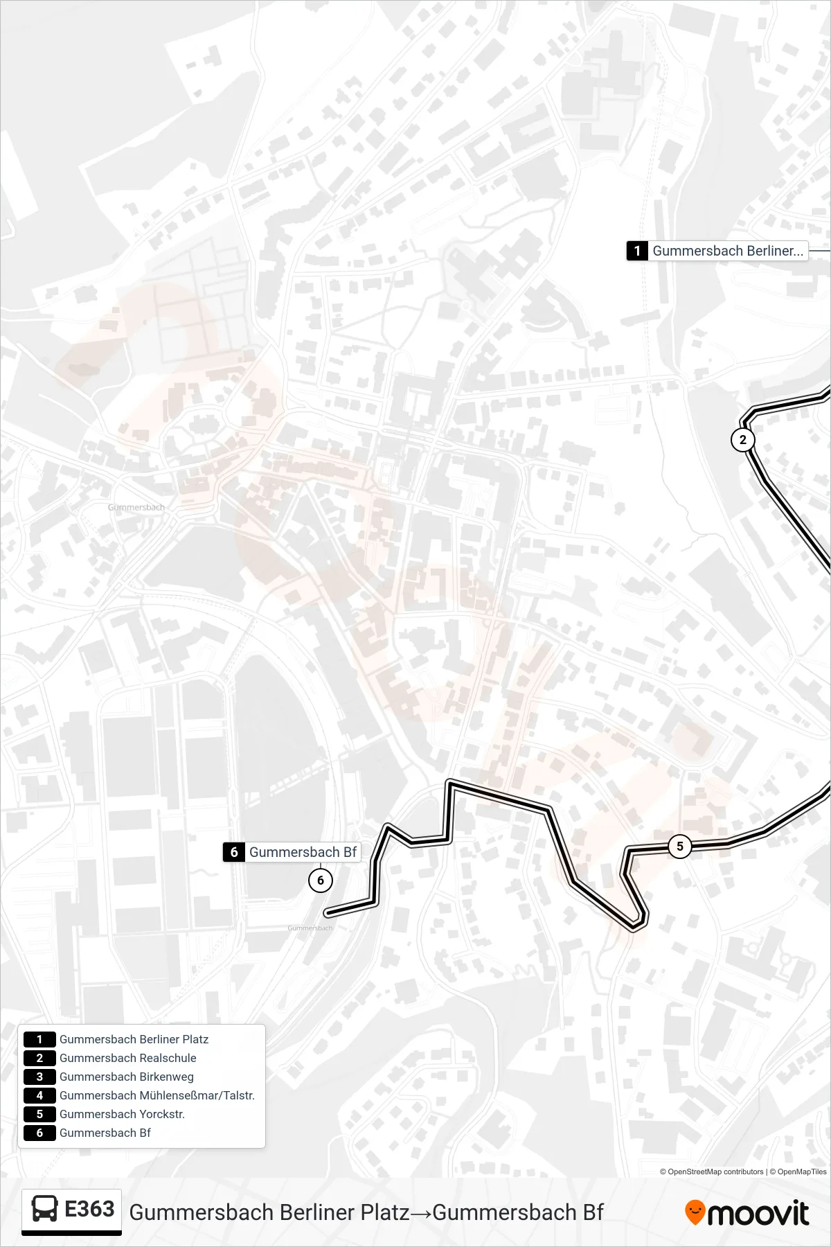 Linie E363 (Bus) Richtung Gummersbach Berliner Platz→Gummersbach Bf: Route und Haltestellen auf der Karte