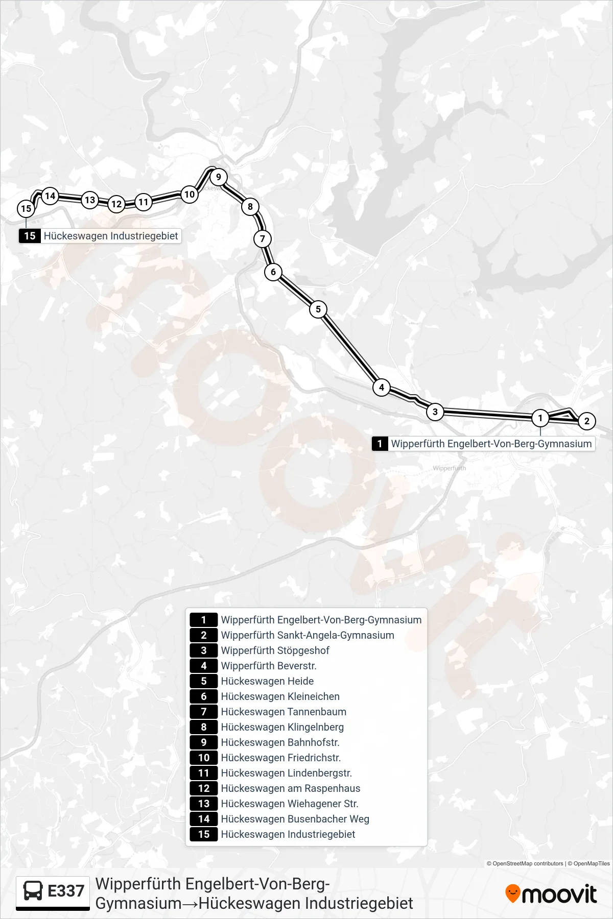 Linie E337 (Bus) Richtung Wipperfürth Engelbert-Von-Berg-Gymnasium→Hückeswagen Industriegebiet: Route und Haltestellen auf der Karte