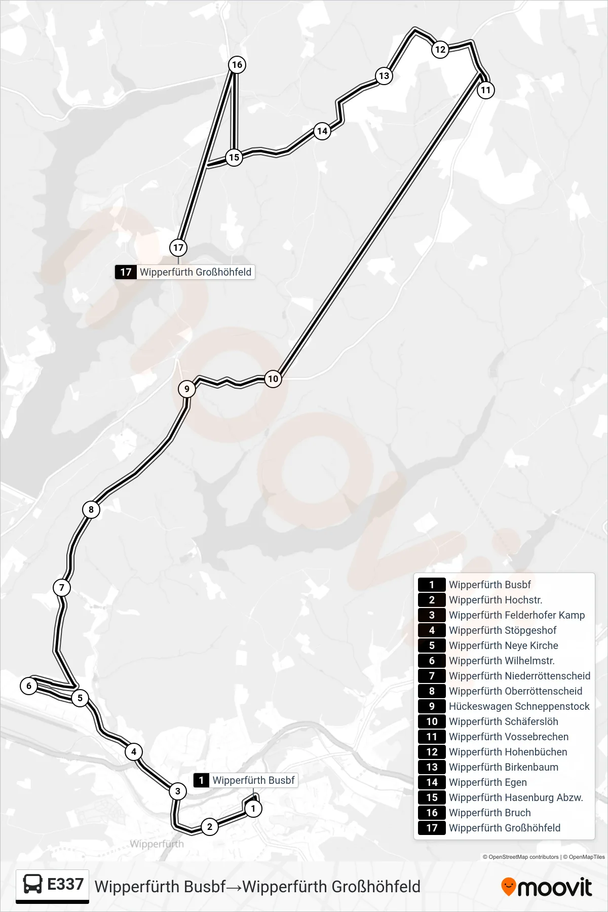Linie E337 (Bus) Richtung Wipperfürth Busbf→Wipperfürth Großhöhfeld: Route und Haltestellen auf der Karte