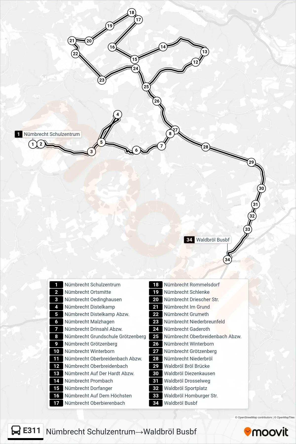 Linie E311 (Bus) Richtung Nümbrecht Schulzentrum→Waldbröl Busbf: Route und Haltestellen auf der Karte