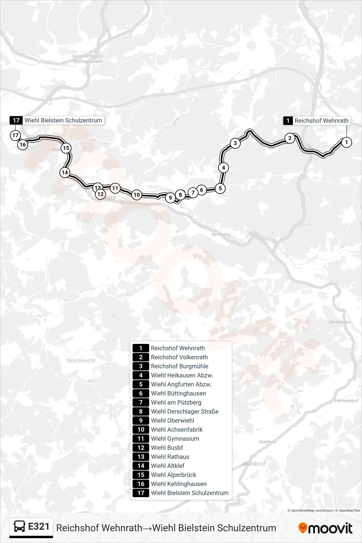 Linie E321 (Bus) Richtung Reichshof Wehnrath→Wiehl Bielstein Schulzentrum: Route und Haltestellen auf der Karte