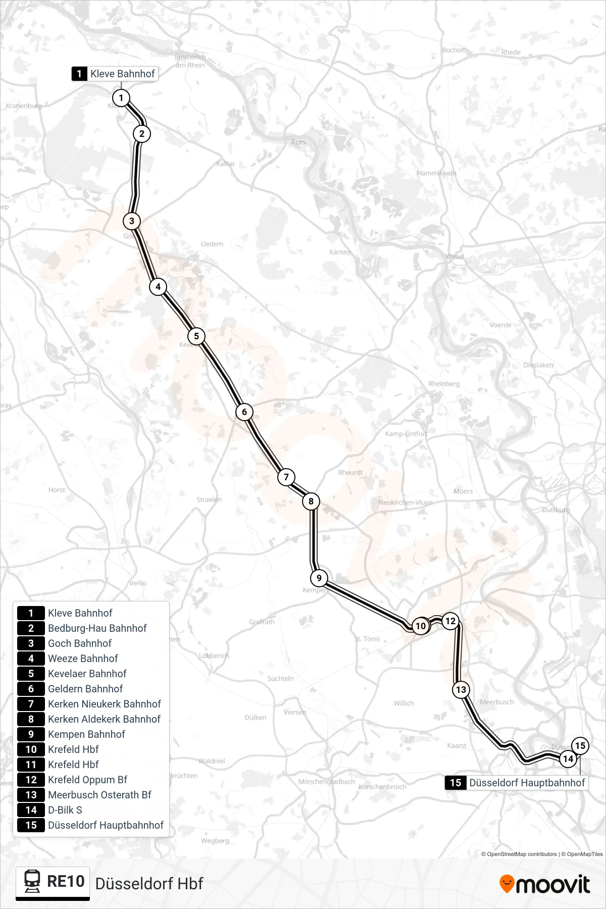 Linie RE10 (Bahn) Richtung Düsseldorf Hbf: Route und Haltestellen auf der Karte