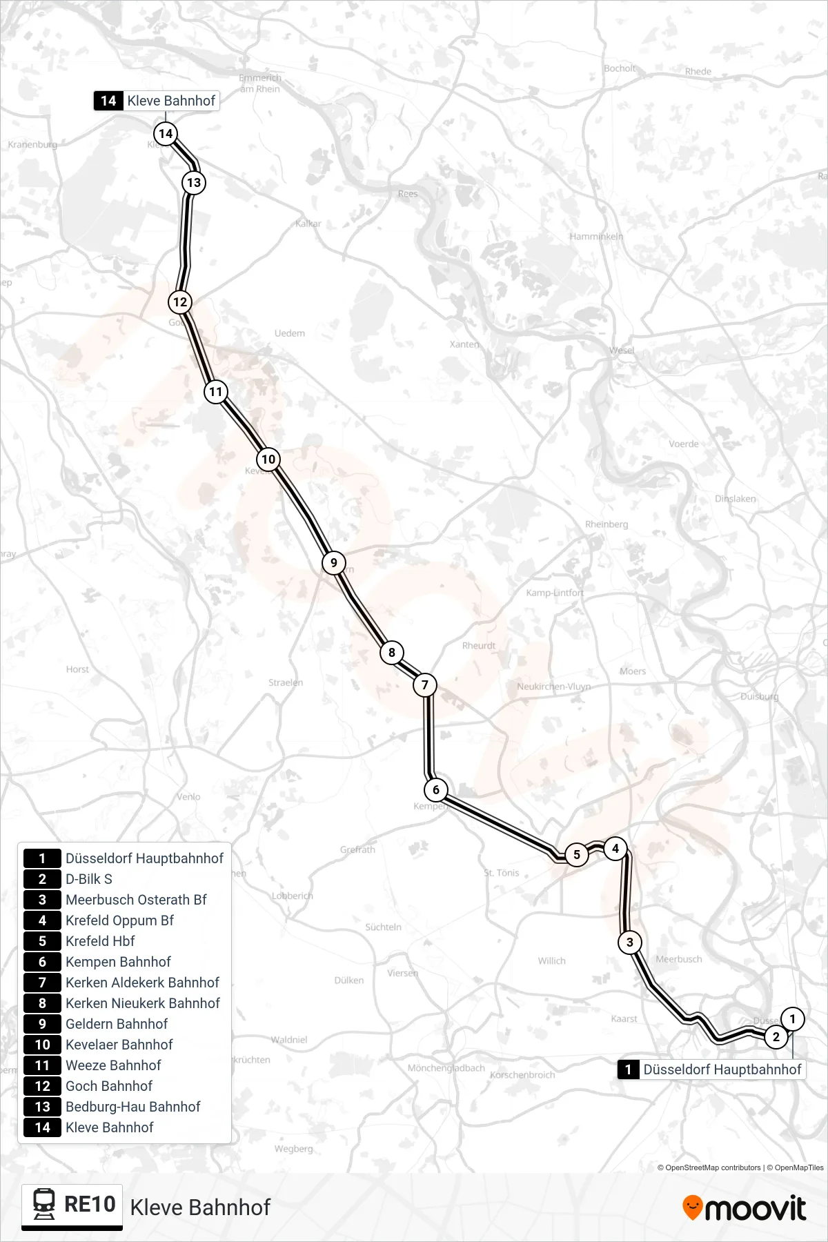 Linie RE10 (Bahn) Richtung Kleve Bahnhof: Route und Haltestellen auf der Karte