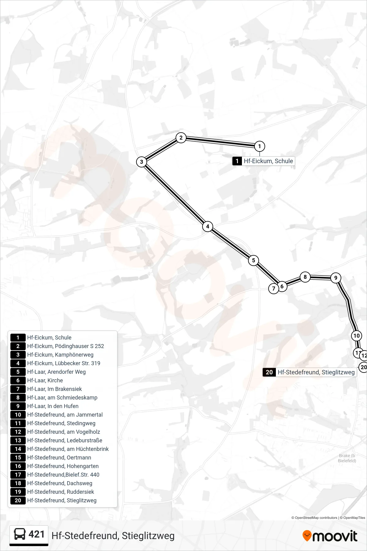 Linie 421 (Bus) Richtung Hf-Stedefreund, Stieglitzweg: Route und Haltestellen auf der Karte