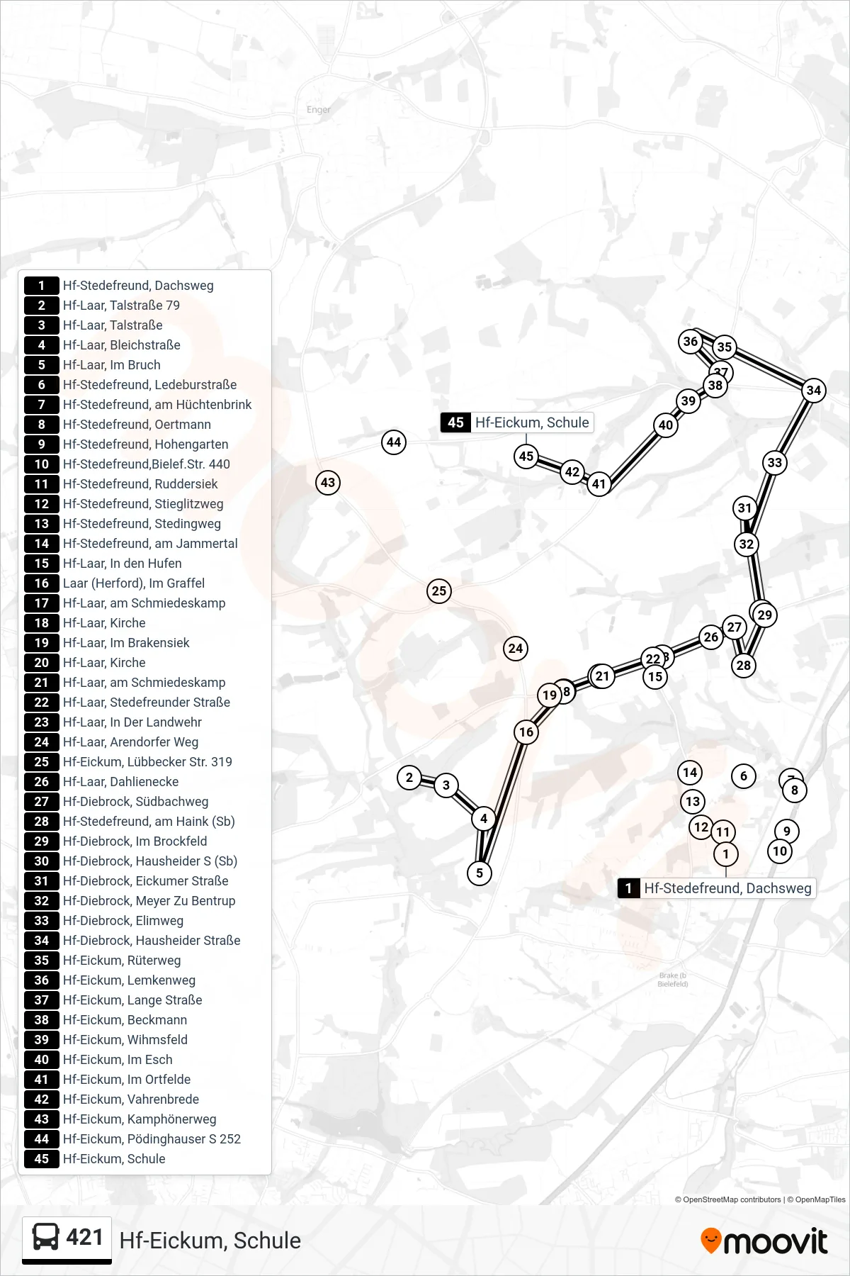 421 bus Line (Hf-Eickum, Schule) route and stops on a map