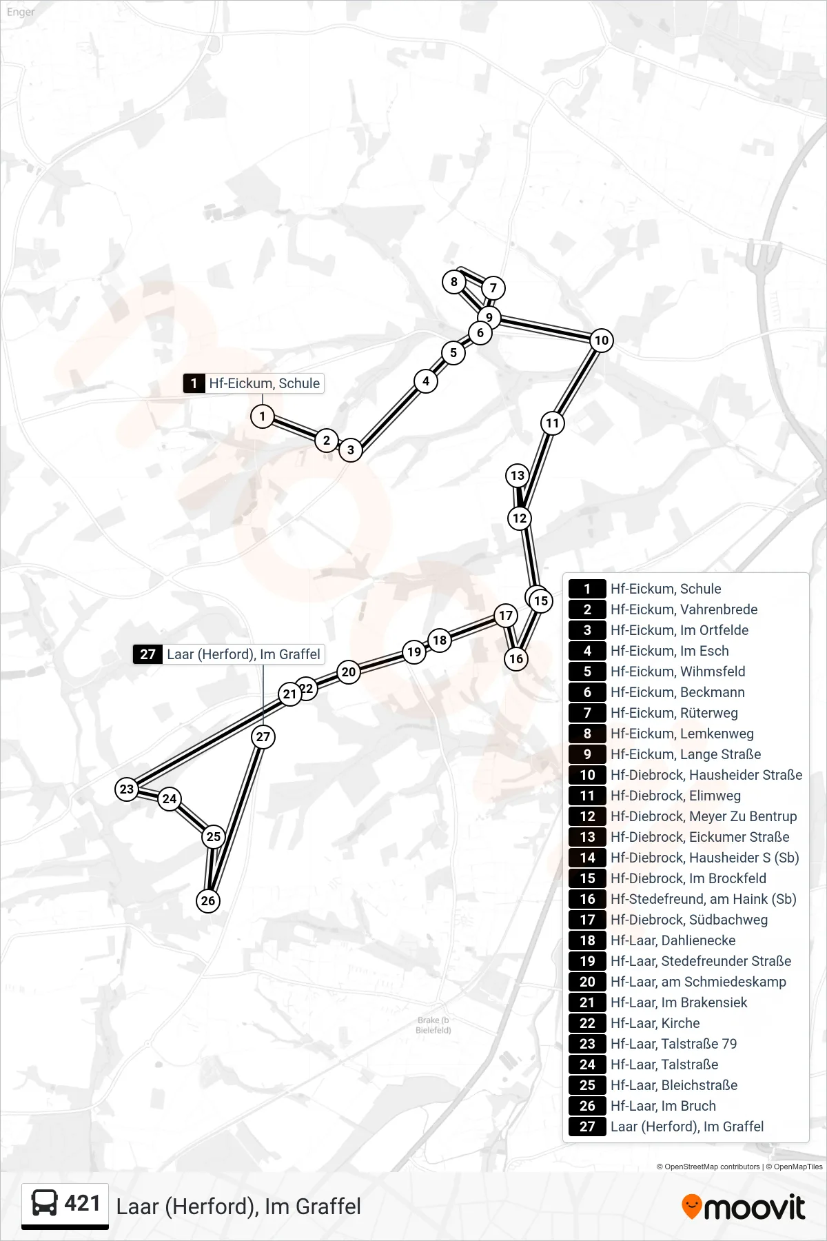 421 bus Line (Laar (Herford), Im Graffel) route and stops on a map