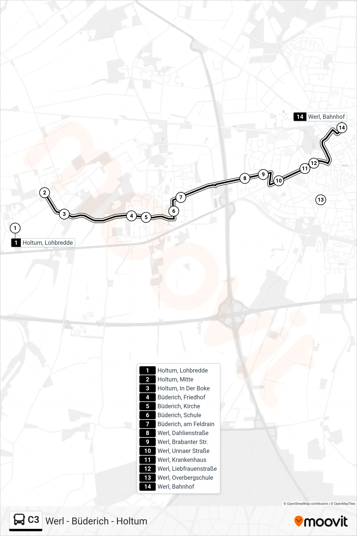 Linie C3 (Bus) Richtung Werl, Bahnhof: Route und Haltestellen auf der Karte