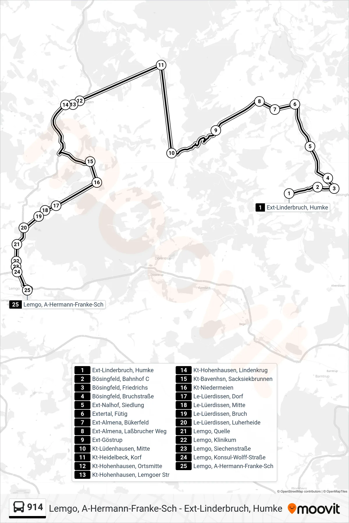 Linie 914 (Bus) Richtung Lemgo: Route und Haltestellen auf der Karte