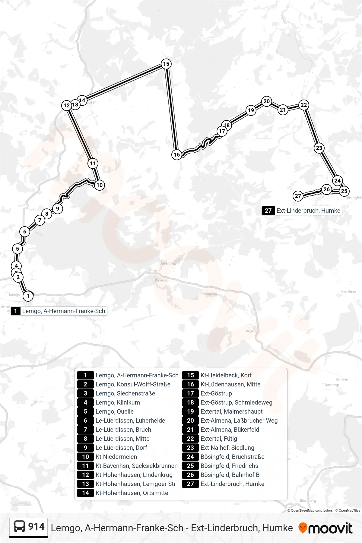 914 bus Line (Linderbruch) route and stops on a map