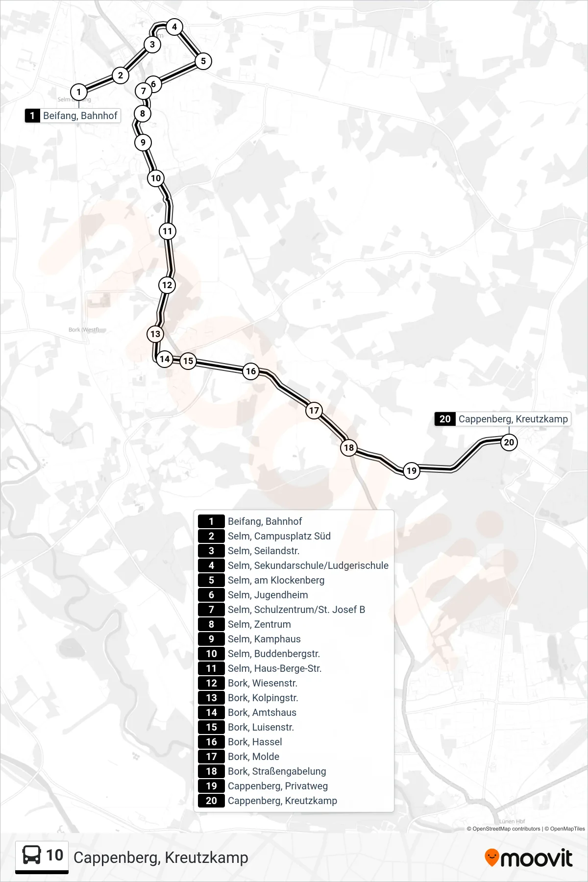 Linie 10 (Bus) Richtung Cappenberg, Kreutzkamp: Route und Haltestellen auf der Karte