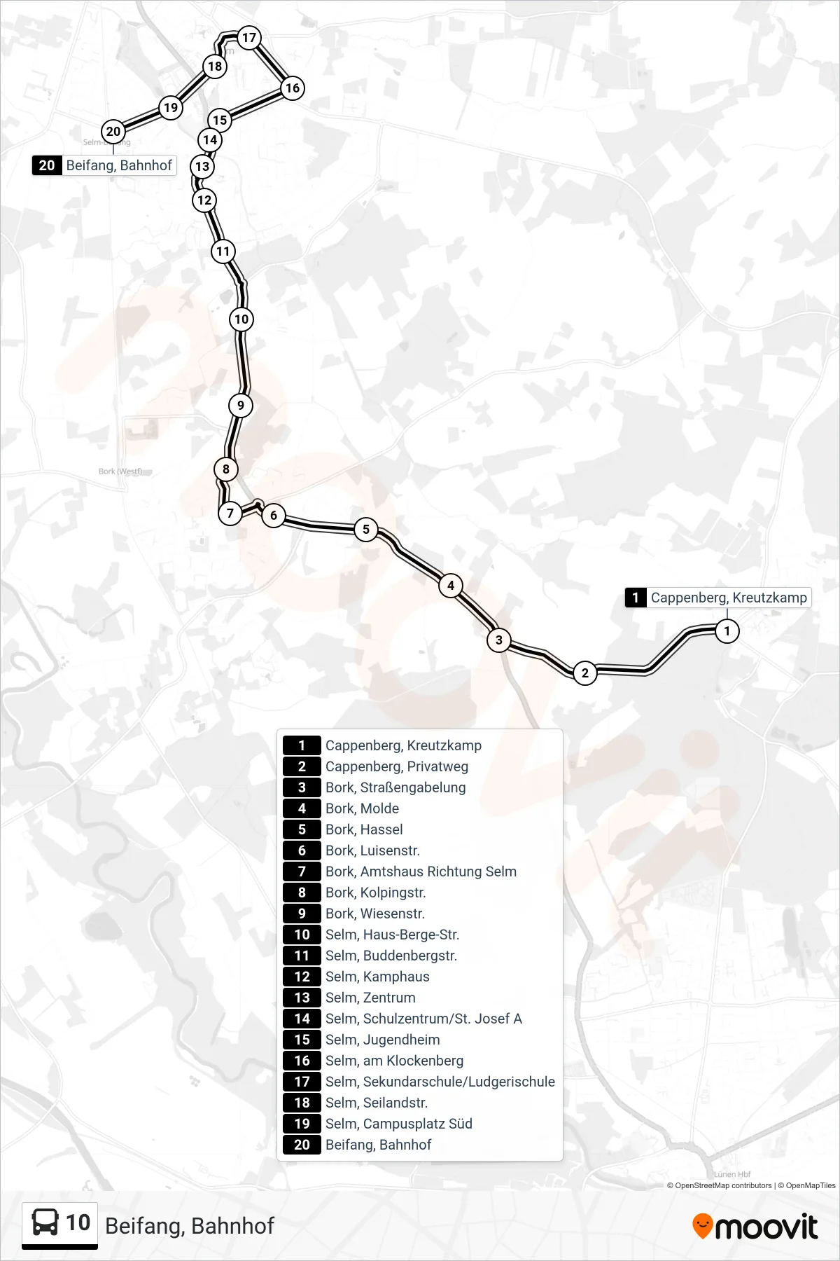 Linie 10 (Bus) Richtung Beifang, Bahnhof: Route und Haltestellen auf der Karte