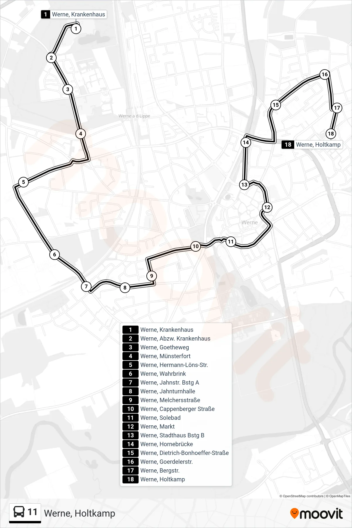 Linie 11 (Bus) Richtung Werne, Holtkamp: Route und Haltestellen auf der Karte