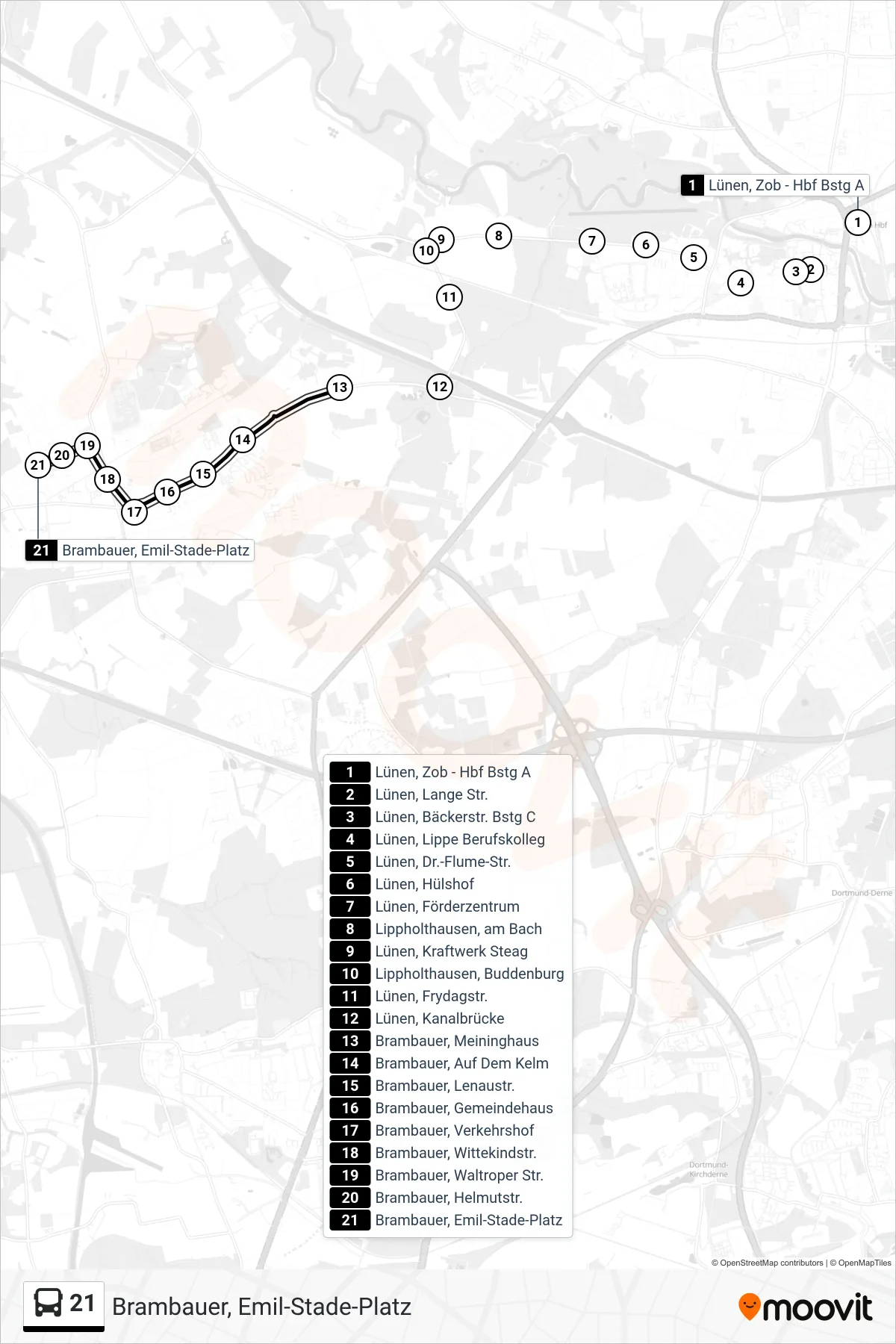 Linie 21 (Bus) Richtung Brambauer, Emil-Stade-Platz: Route und Haltestellen auf der Karte