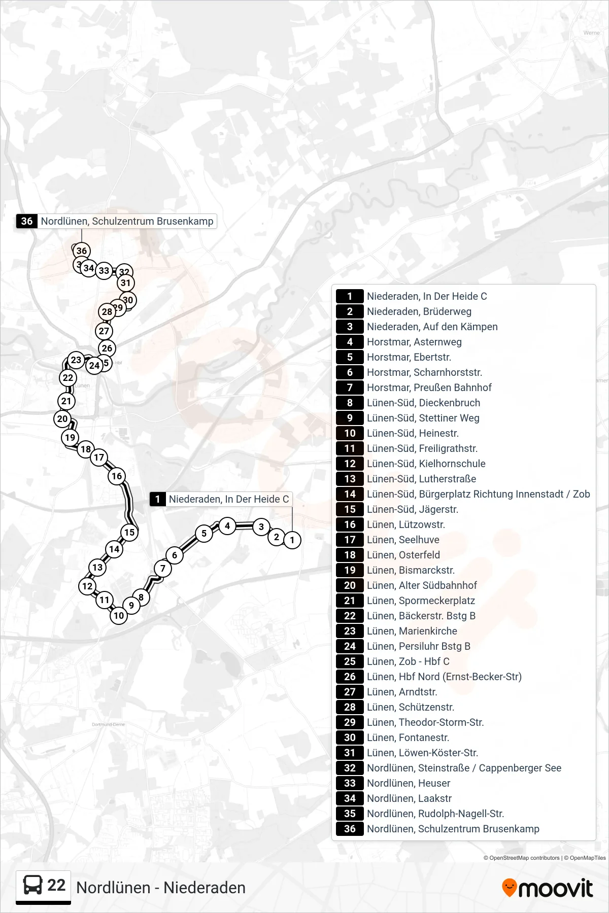 Linie 22 (Bus) Richtung Nordlünen, Schulzentrum Brusenkamp: Route und Haltestellen auf der Karte
