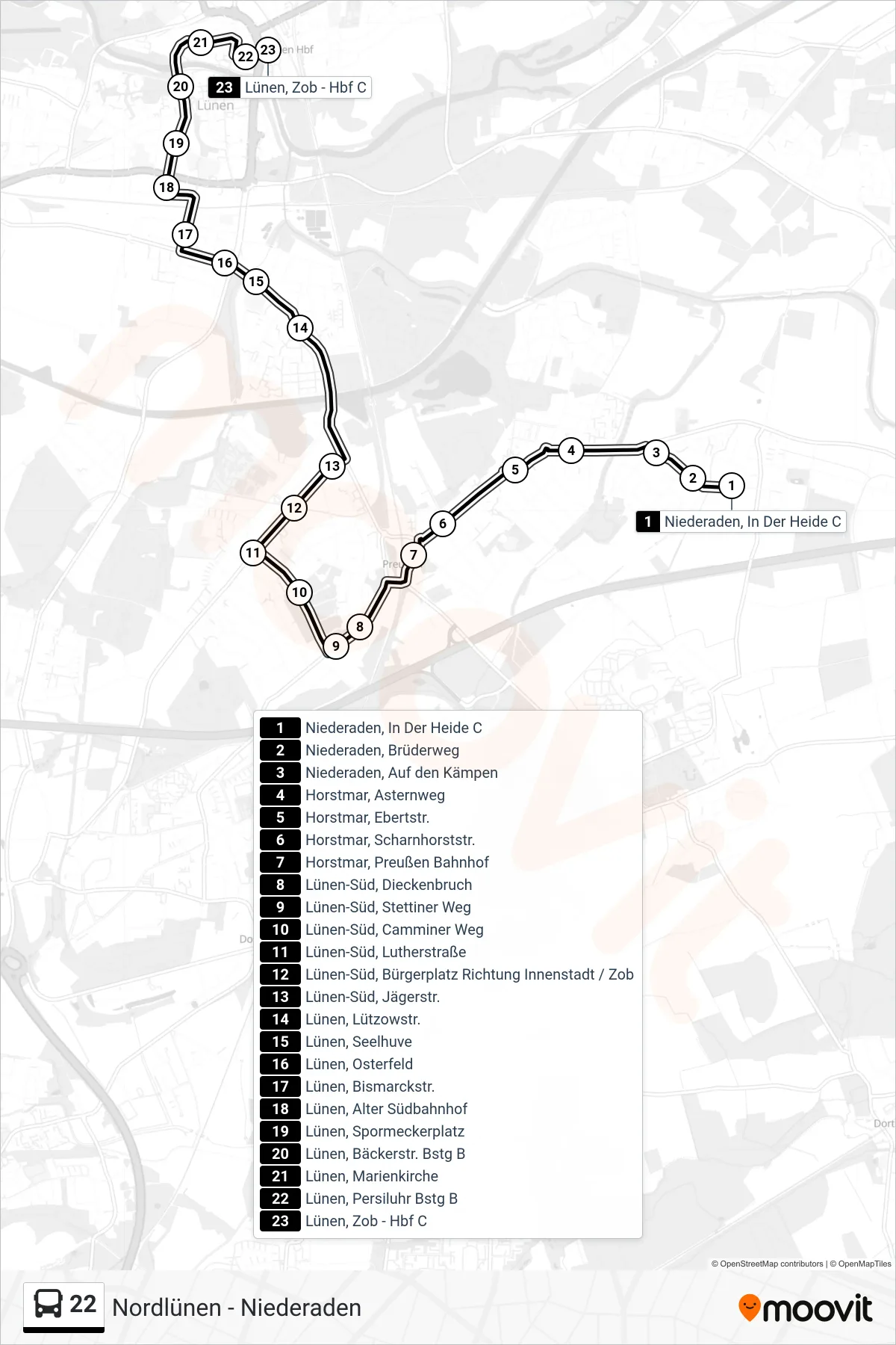 Linie 22 (Bus) Richtung Lünen, Zob - Hbf C: Route und Haltestellen auf der Karte