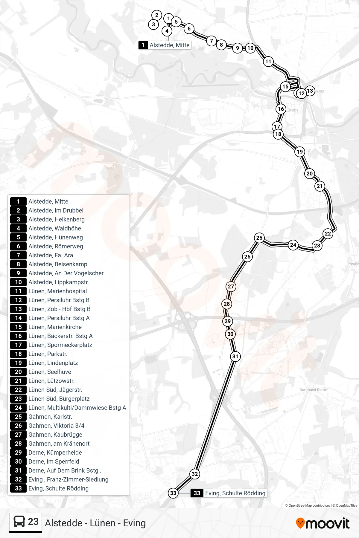Linie 23 (Bus) Richtung Eving, Schulte Rödding: Route und Haltestellen auf der Karte