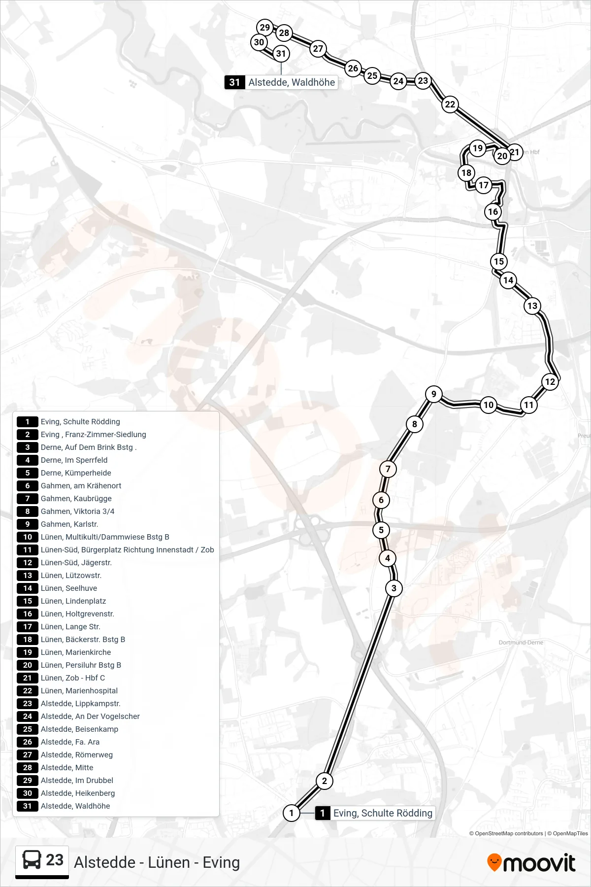 Linie 23 (Bus) Richtung Alstedde, Waldhöhe: Route und Haltestellen auf der Karte