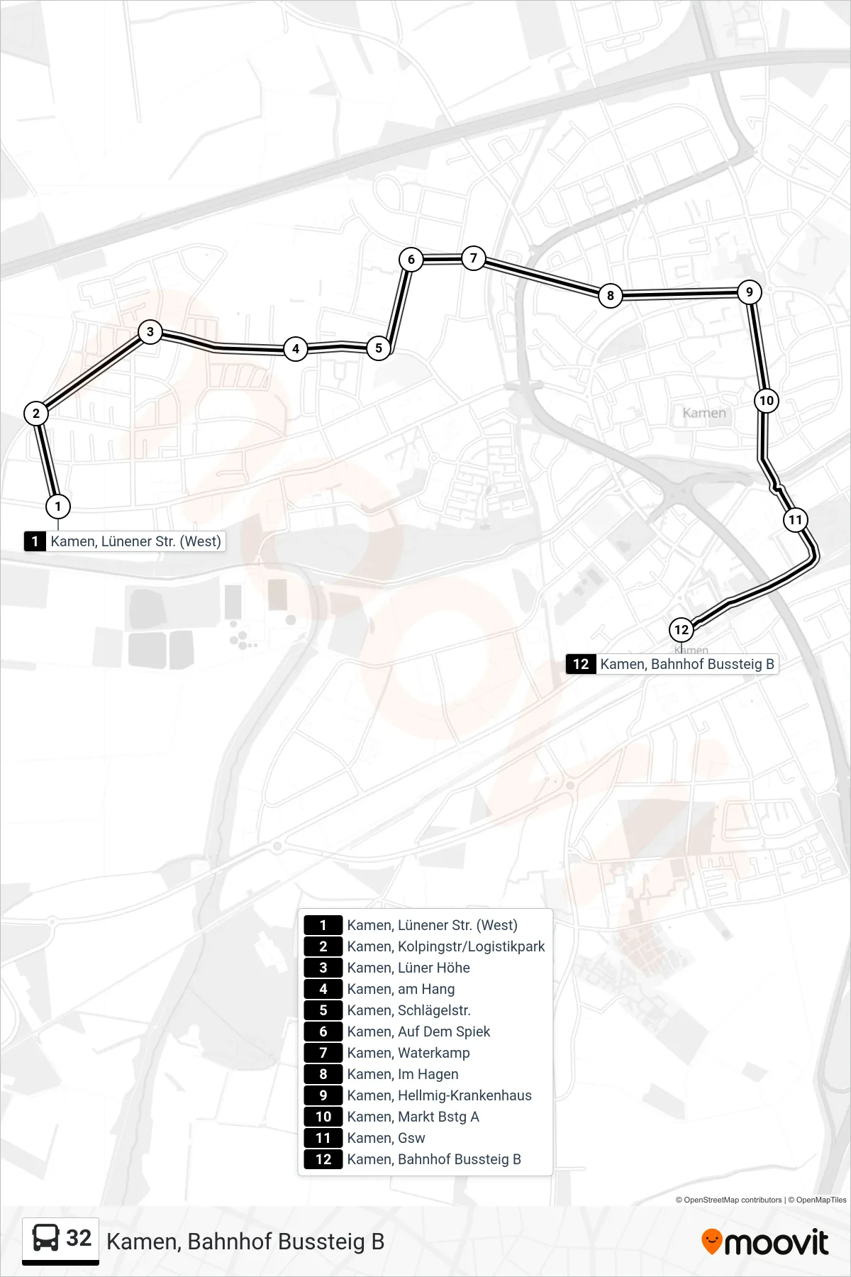 Linie 32 (Bus) Richtung Kamen, Bahnhof Bussteig B: Route und Haltestellen auf der Karte