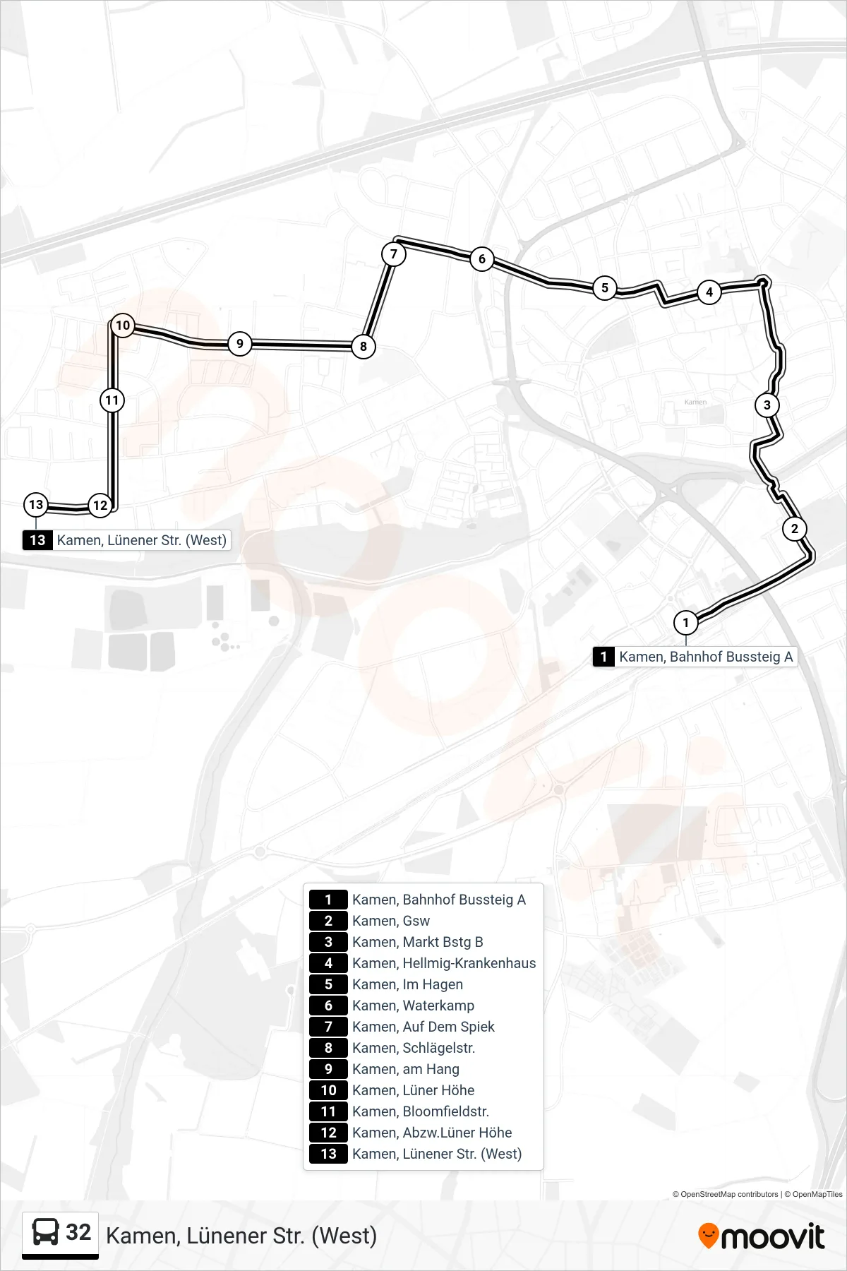 Linie 32 (Bus) Richtung Kamen, Lünener Str. (West): Route und Haltestellen auf der Karte