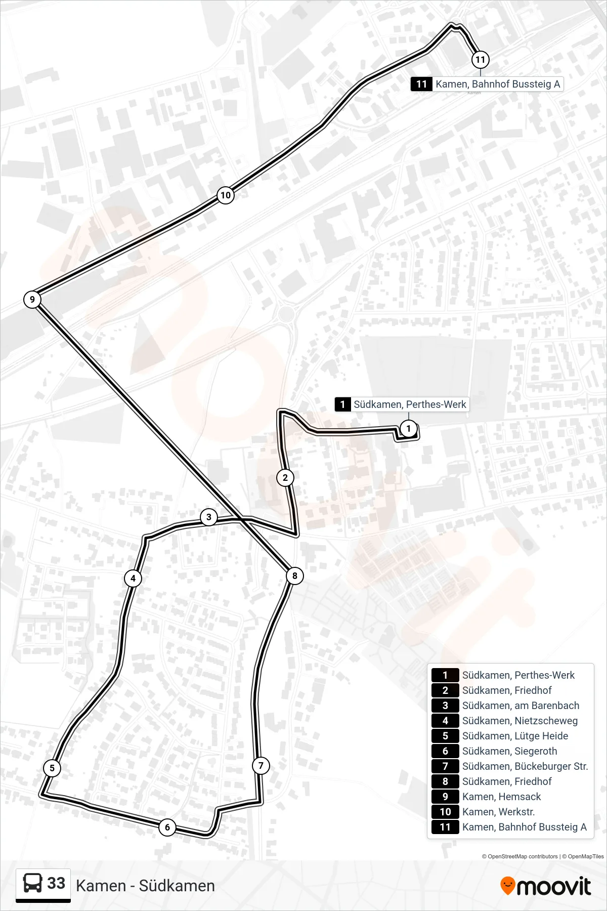 Linie 33 (Bus) Richtung Kamen, Bahnhof Bussteig A: Route und Haltestellen auf der Karte