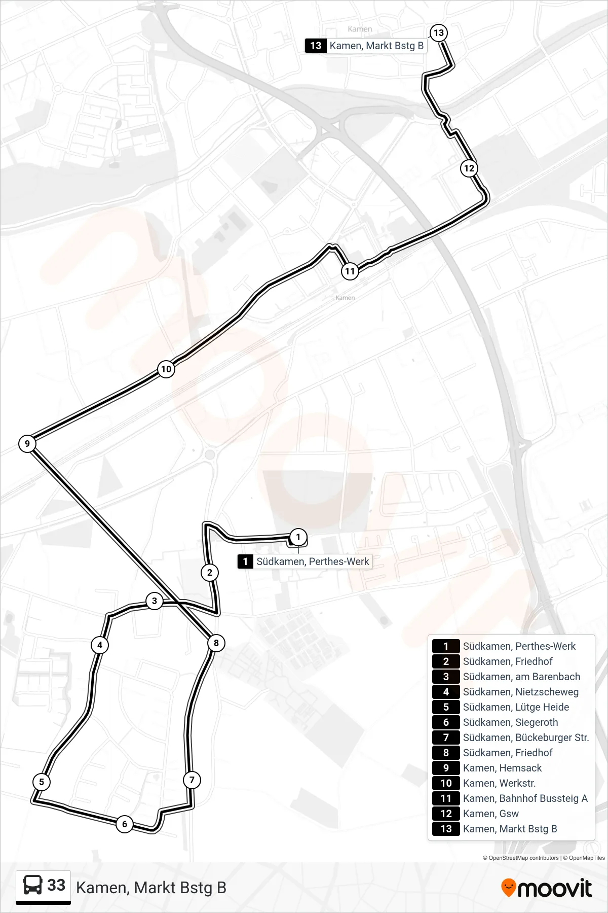 Linie 33 (Bus) Richtung Kamen, Markt Bstg B: Route und Haltestellen auf der Karte