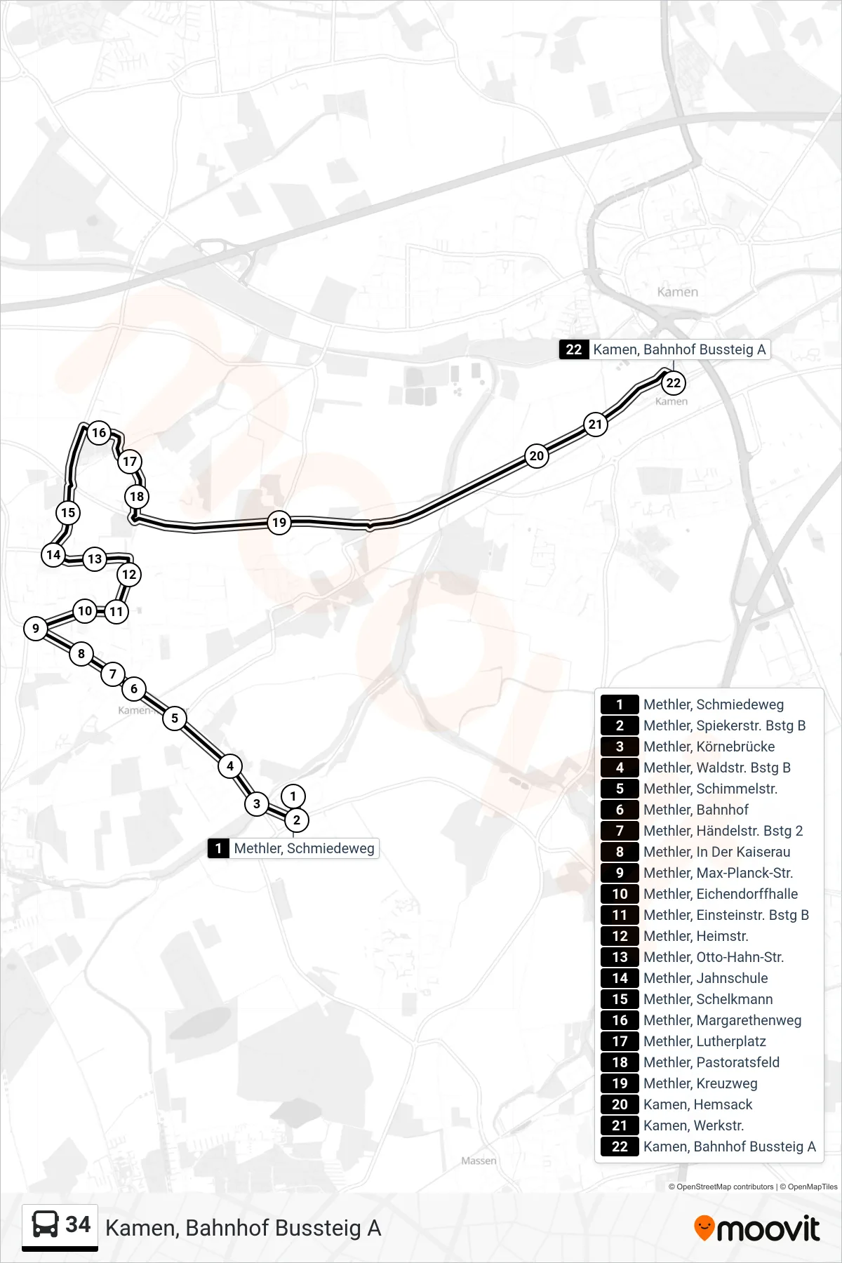 Linie 34 (Bus) Richtung Kamen, Bahnhof Bussteig A: Route und Haltestellen auf der Karte