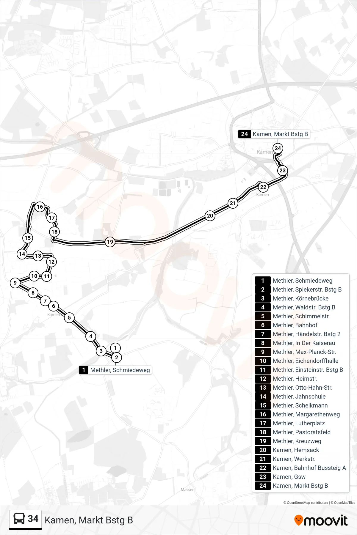 Linie 34 (Bus) Richtung Kamen, Markt Bstg B: Route und Haltestellen auf der Karte